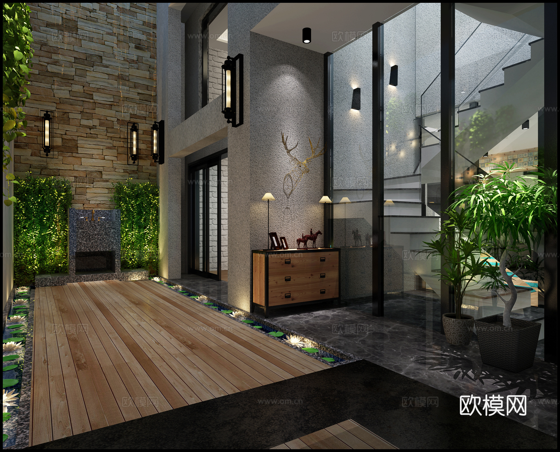 工业风后庭院图 桌椅 吊灯3d模型
