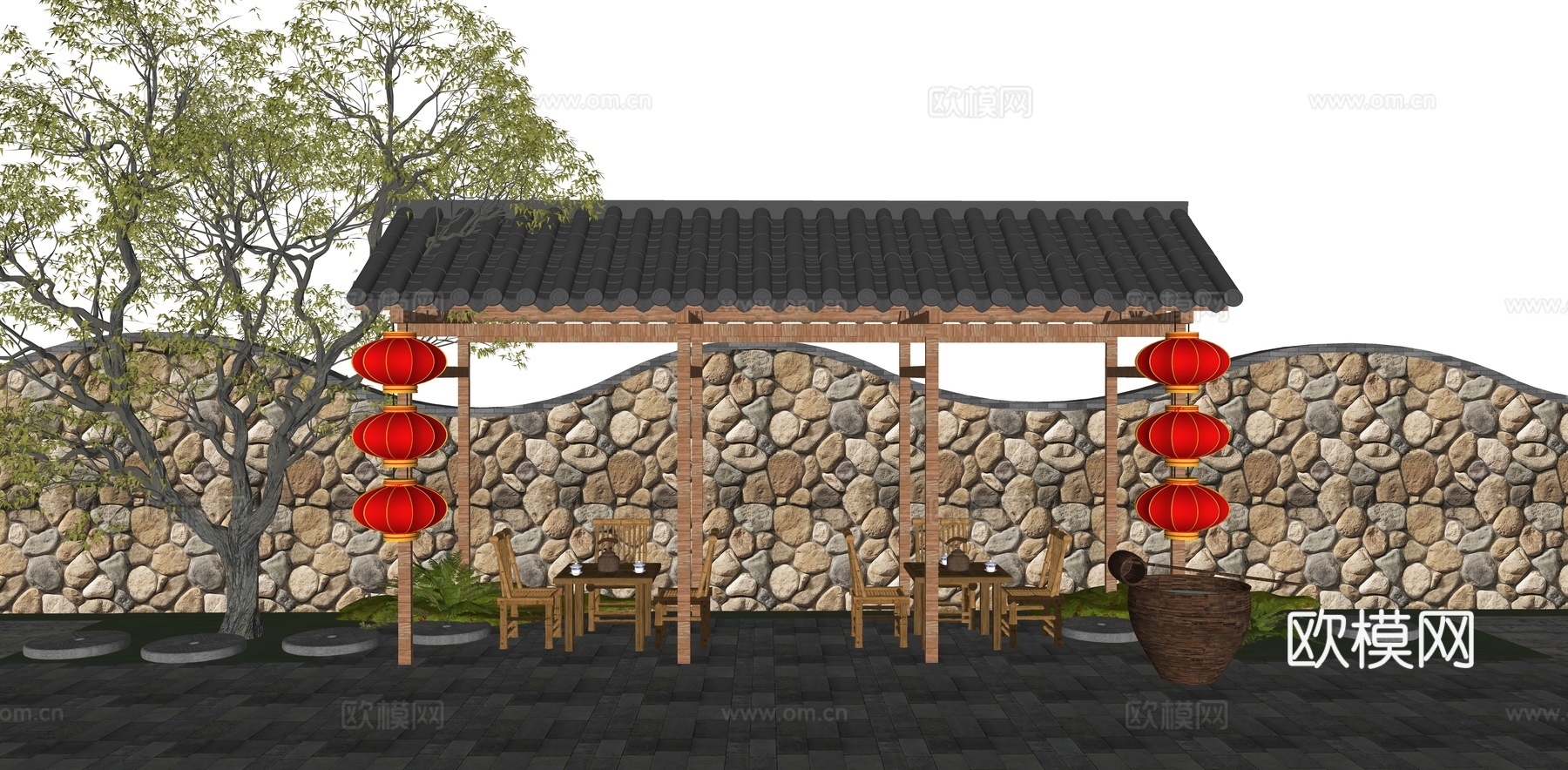 新中式乡村庭园 景观廊架 乡村廊架 休闲茶棚 休息驿站 竹桌su模型