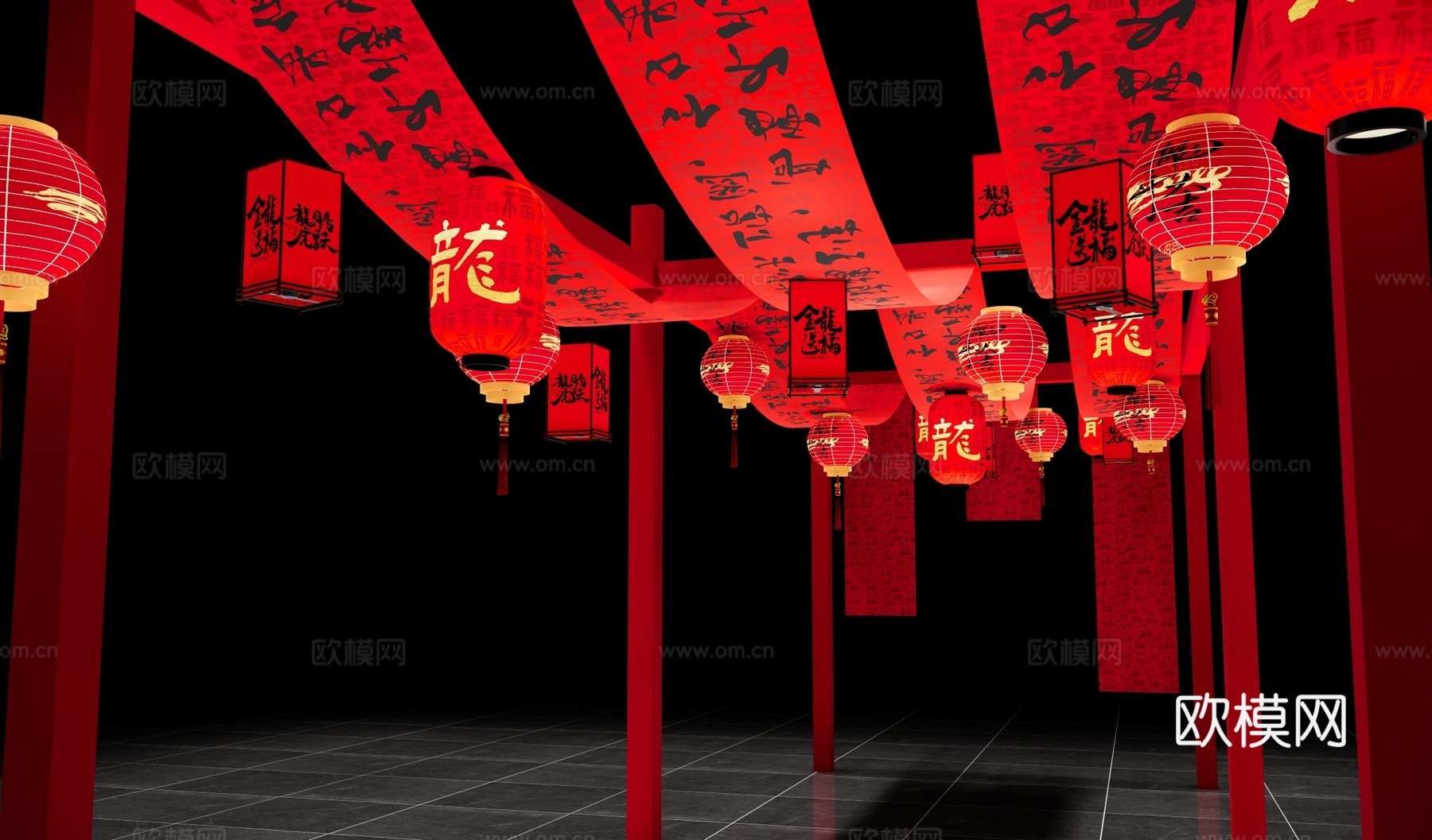 中式新年美陈 红灯笼 春节元宵灯笼 国潮美陈 灯笼木架 节日su模型