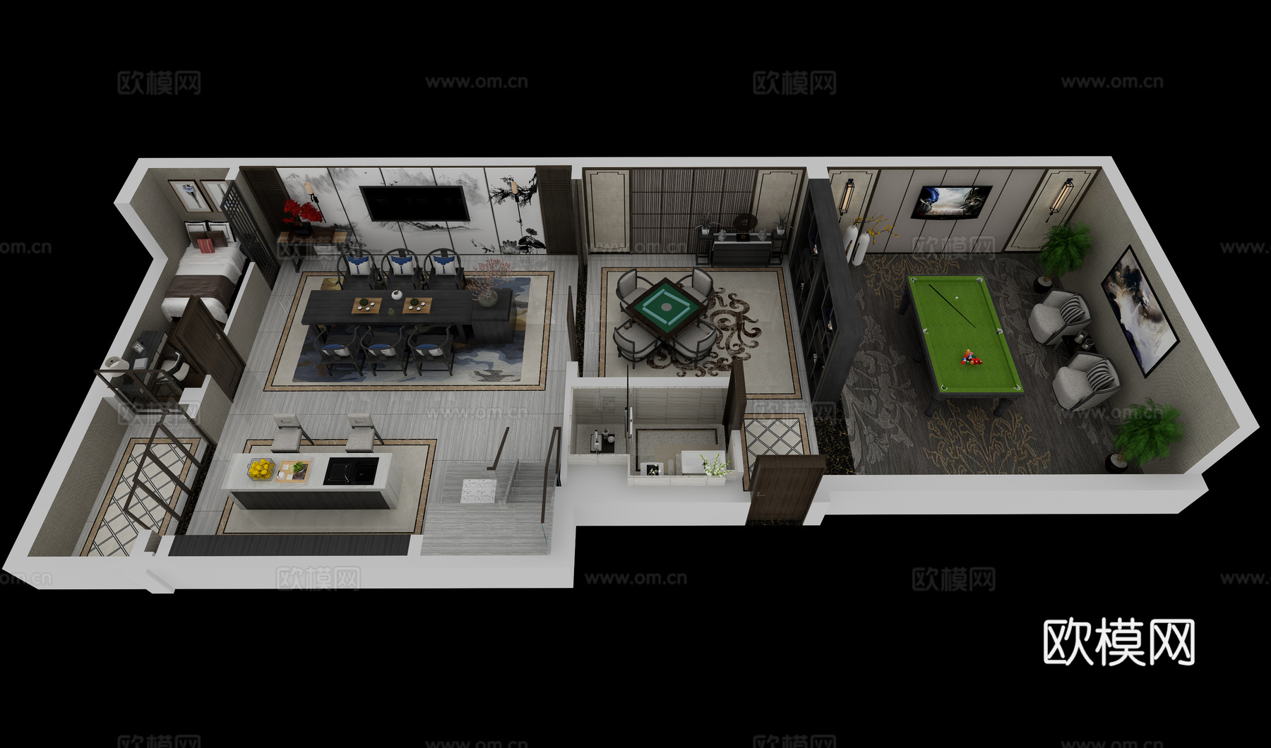 新中式户型图鸟瞰图3d模型