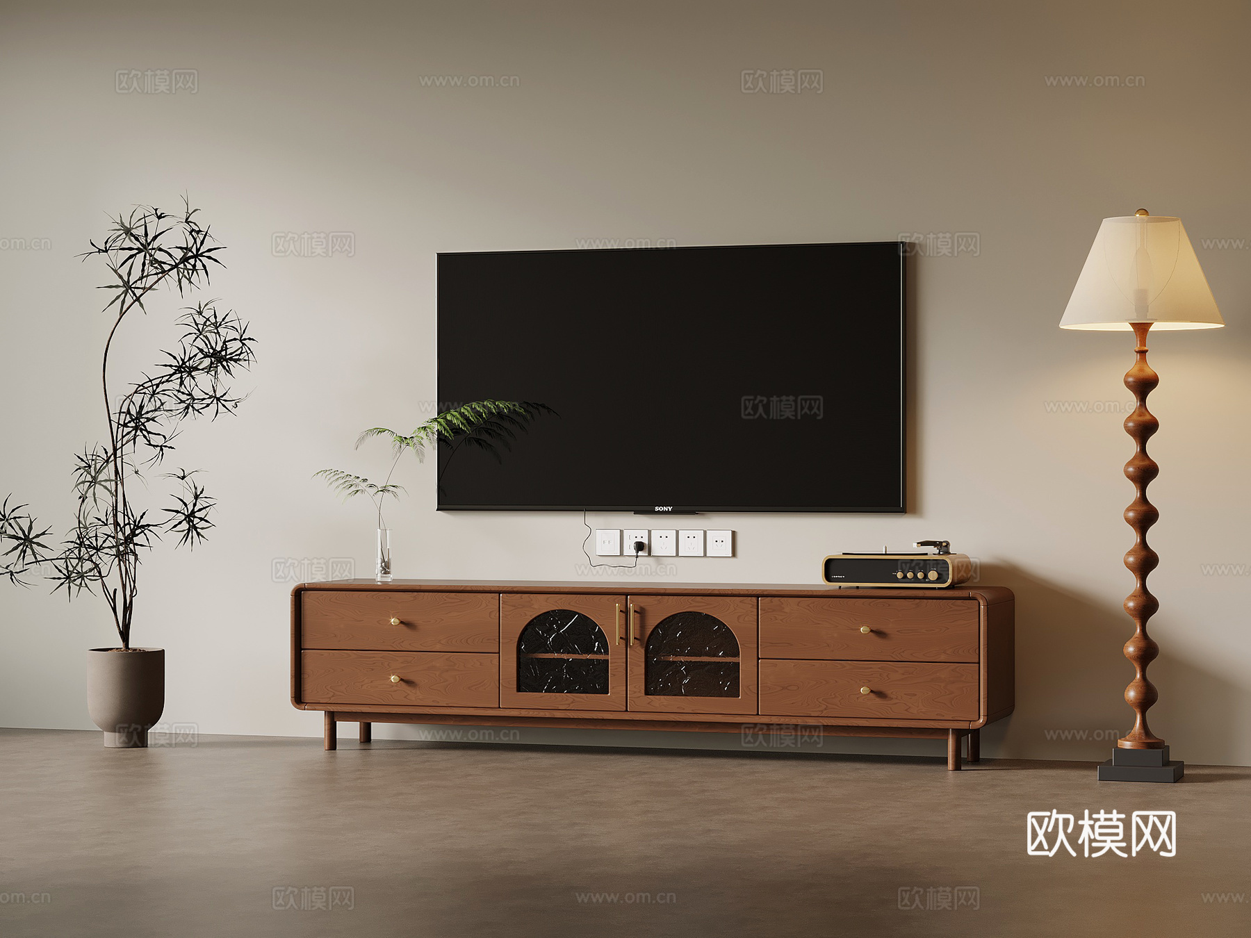 中古风电视柜 落地灯 绿植盆栽3d模型