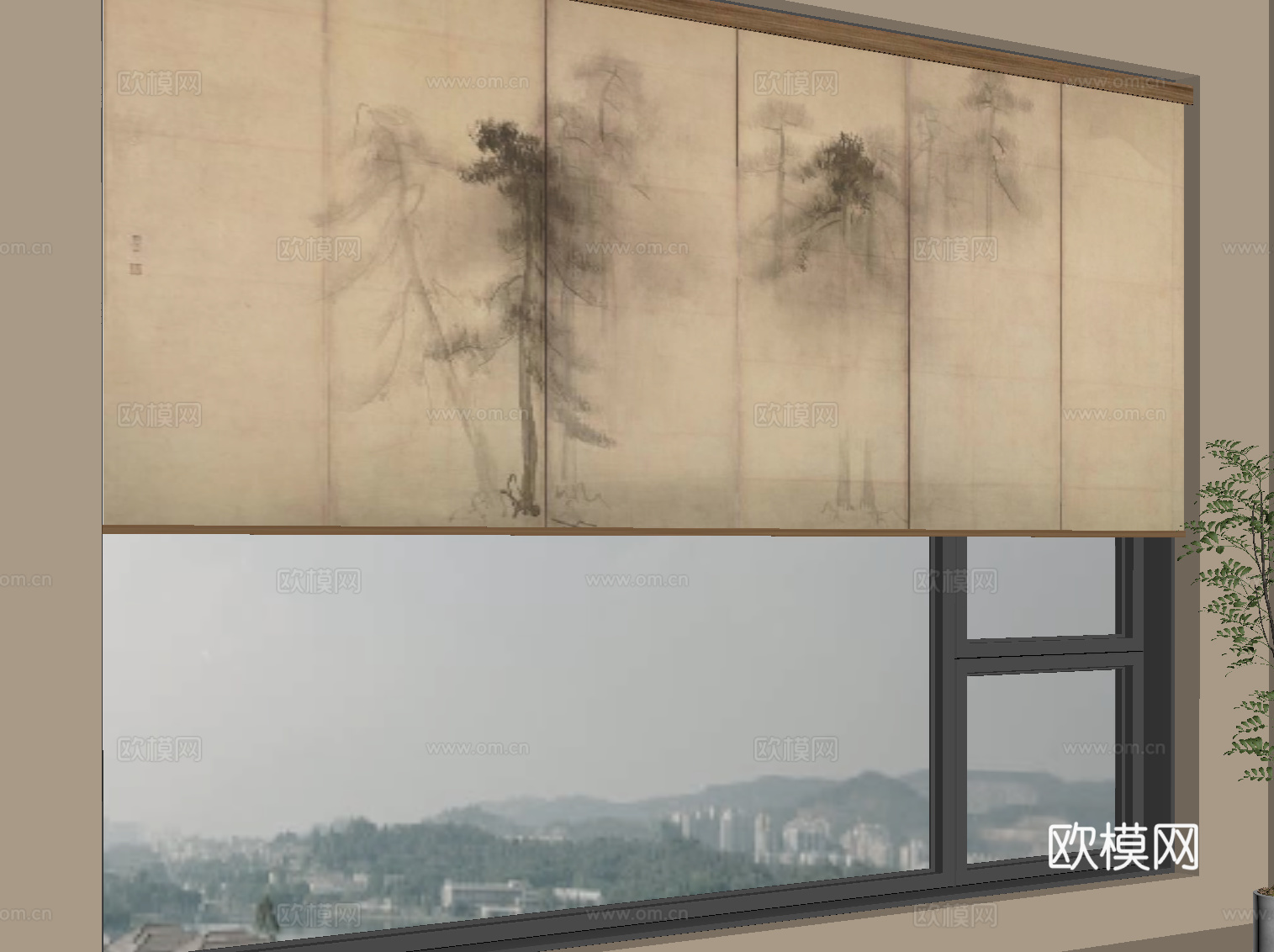 新中式窗帘 卷帘su模型