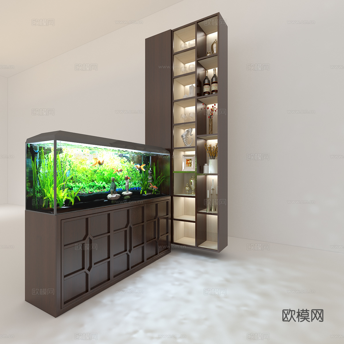新中式酒柜鱼缸隔断鱼3d模型