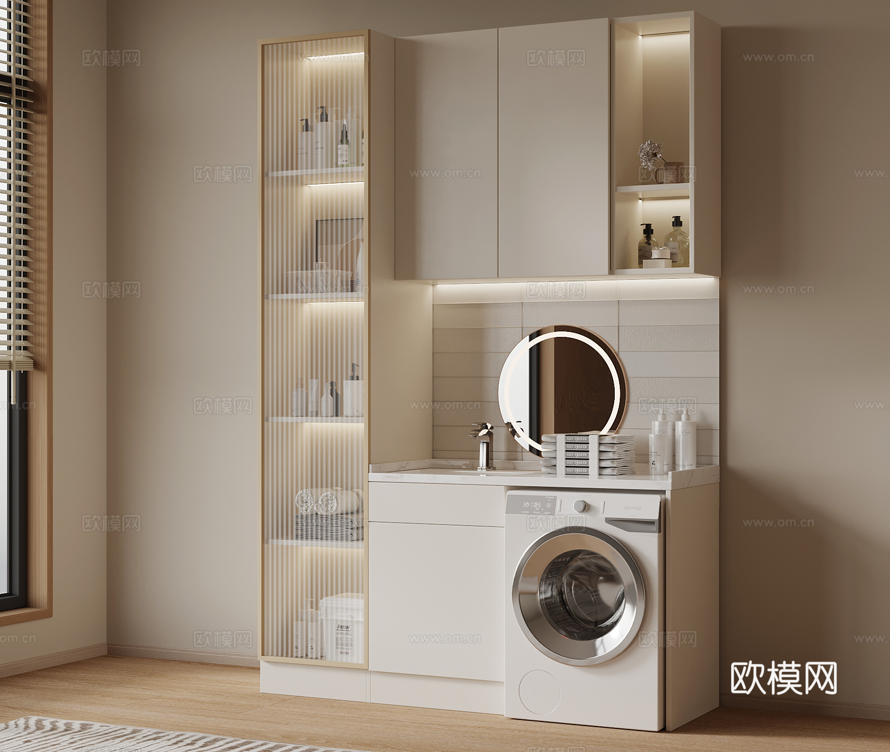 现代奶油风洗衣机柜 阳台柜3d模型