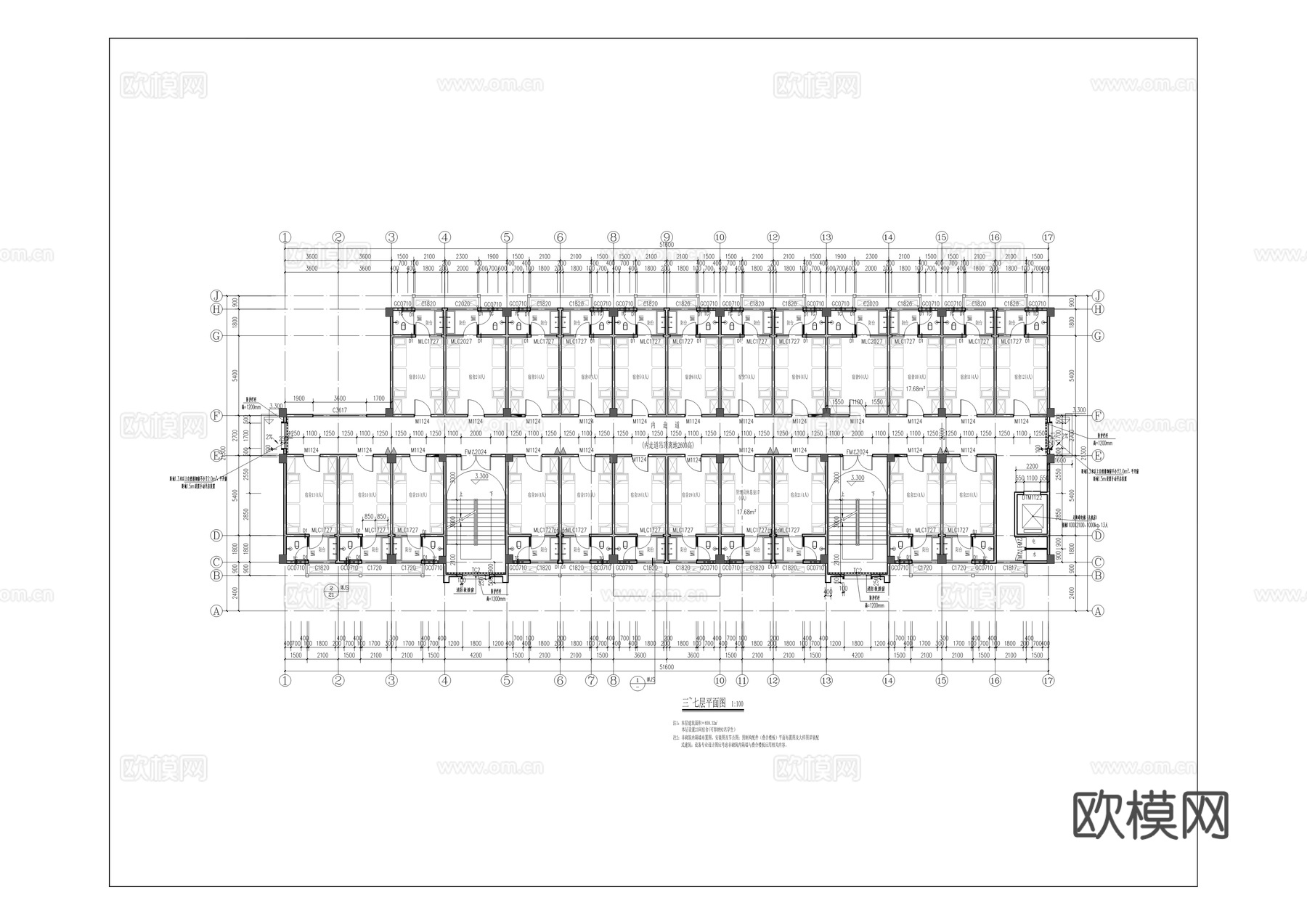中学校女生公寓建筑施工图cad施工图