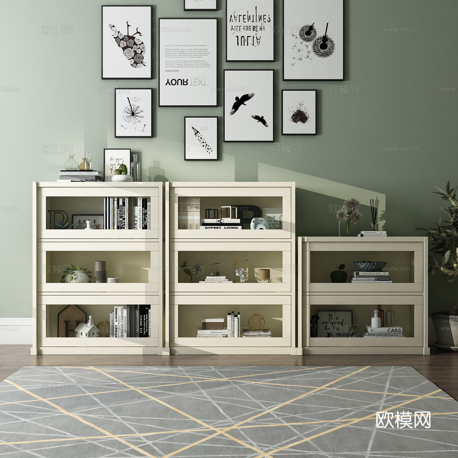 现代边柜 装饰柜 画 地毯 绿植 饰品3d模型