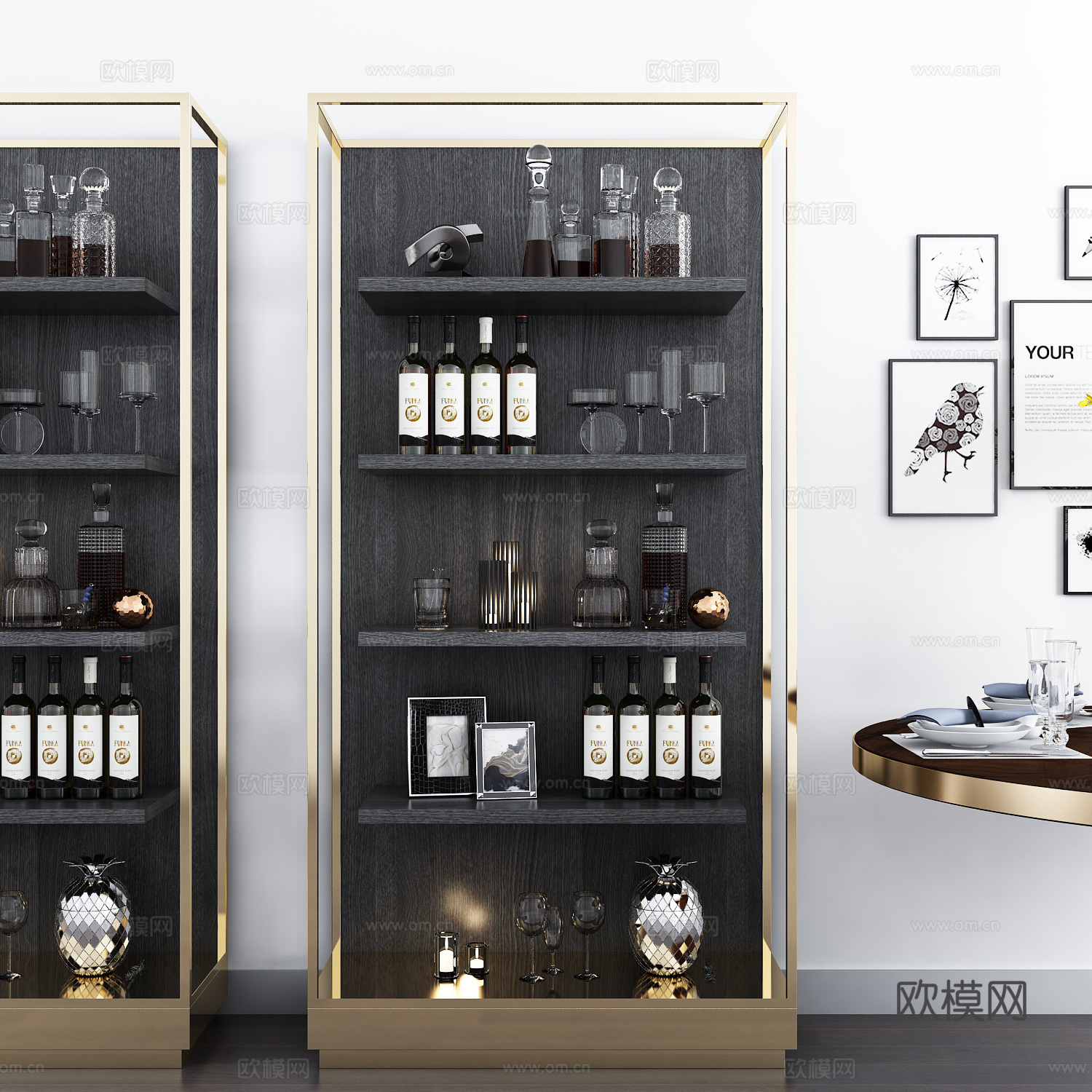 新中式酒柜 餐边柜 酒瓶 酒杯 饰品模型3d模型