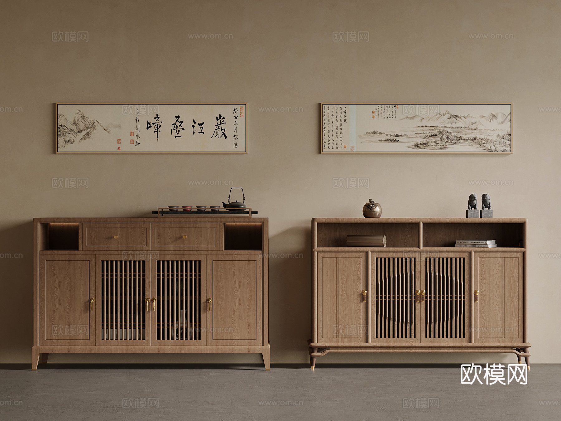 新中式茶柜 装饰画su模型
