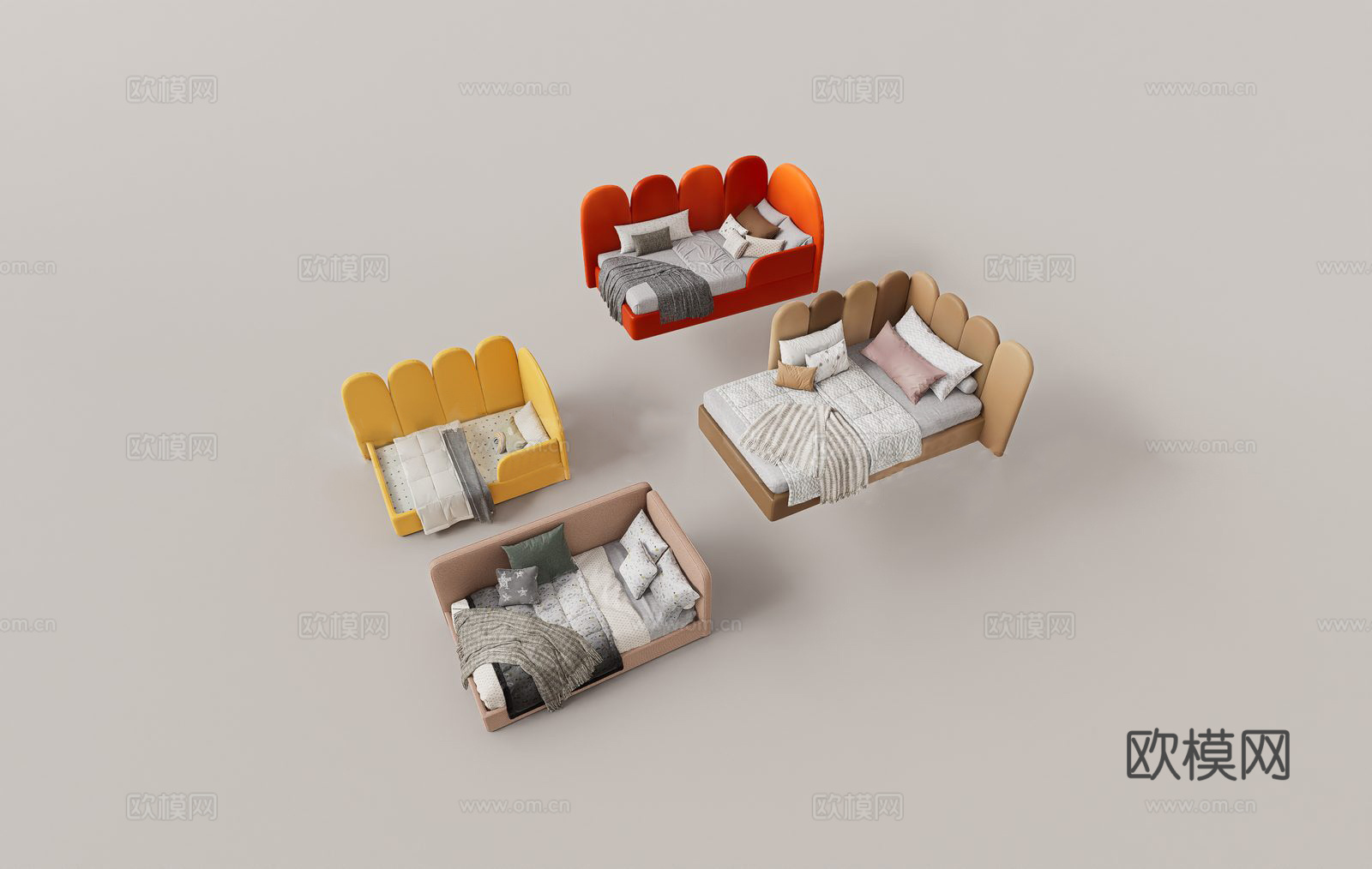 现代花瓣床头床具 儿童床 模块化设计 柔瓣曲线造型 素色床品su模型
