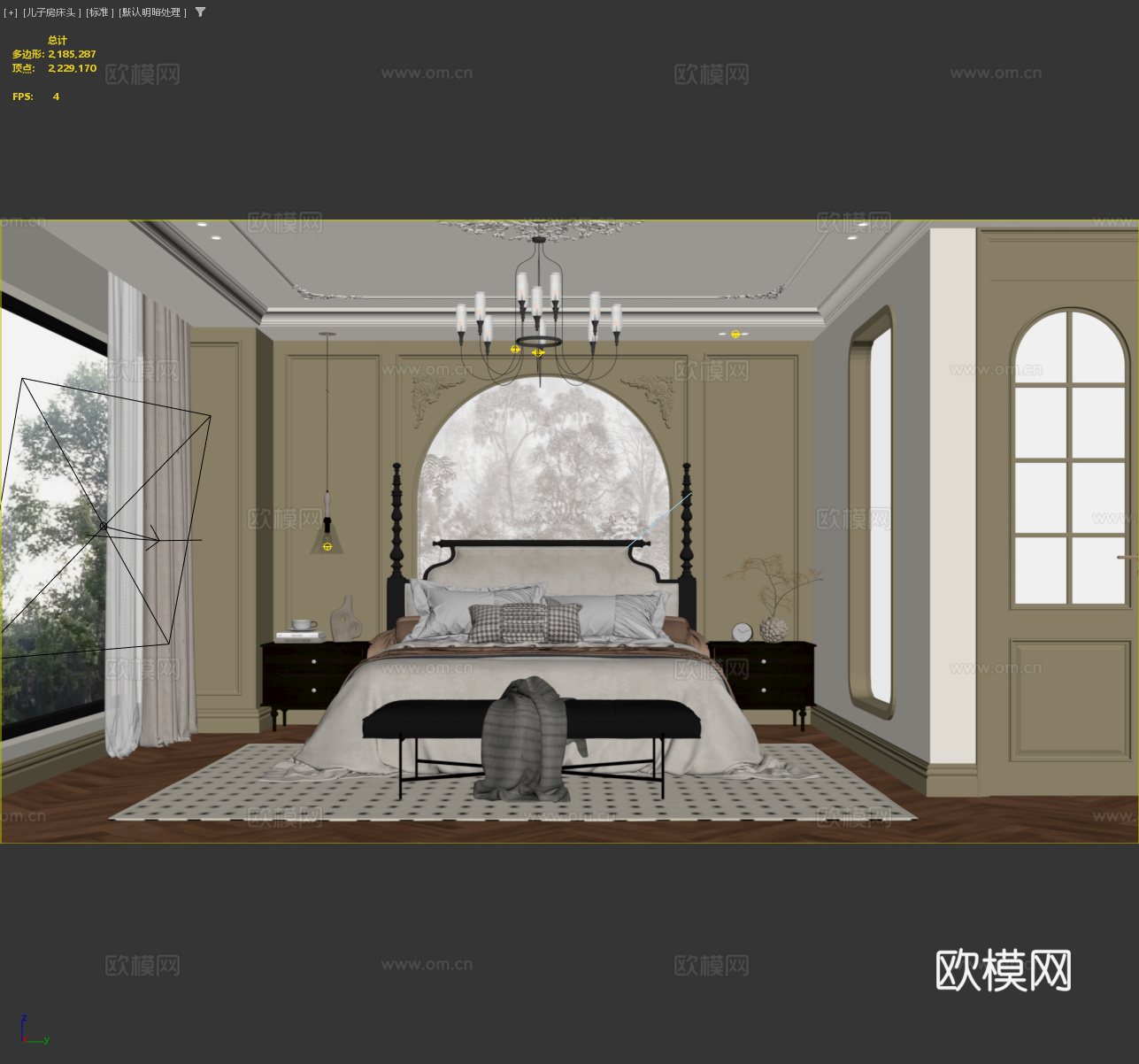 法式复古卧室床具 法式中古床头背景 复古吊顶吊灯地毯 皮革床3d模型