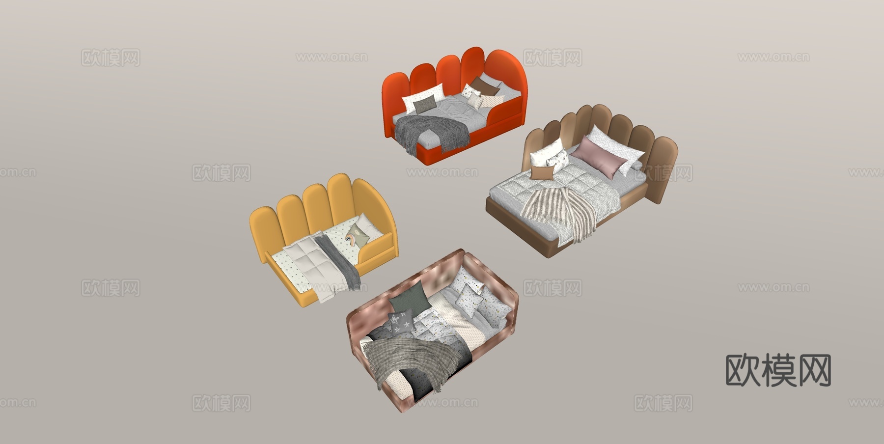 现代花瓣床头床具 儿童床 模块化设计 柔瓣曲线造型 素色床品su模型