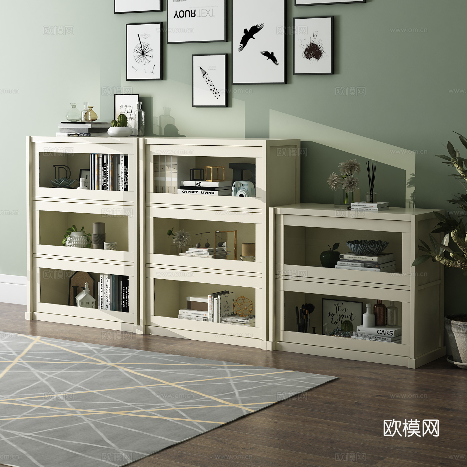 现代边柜 装饰柜 画 地毯 绿植 饰品3d模型