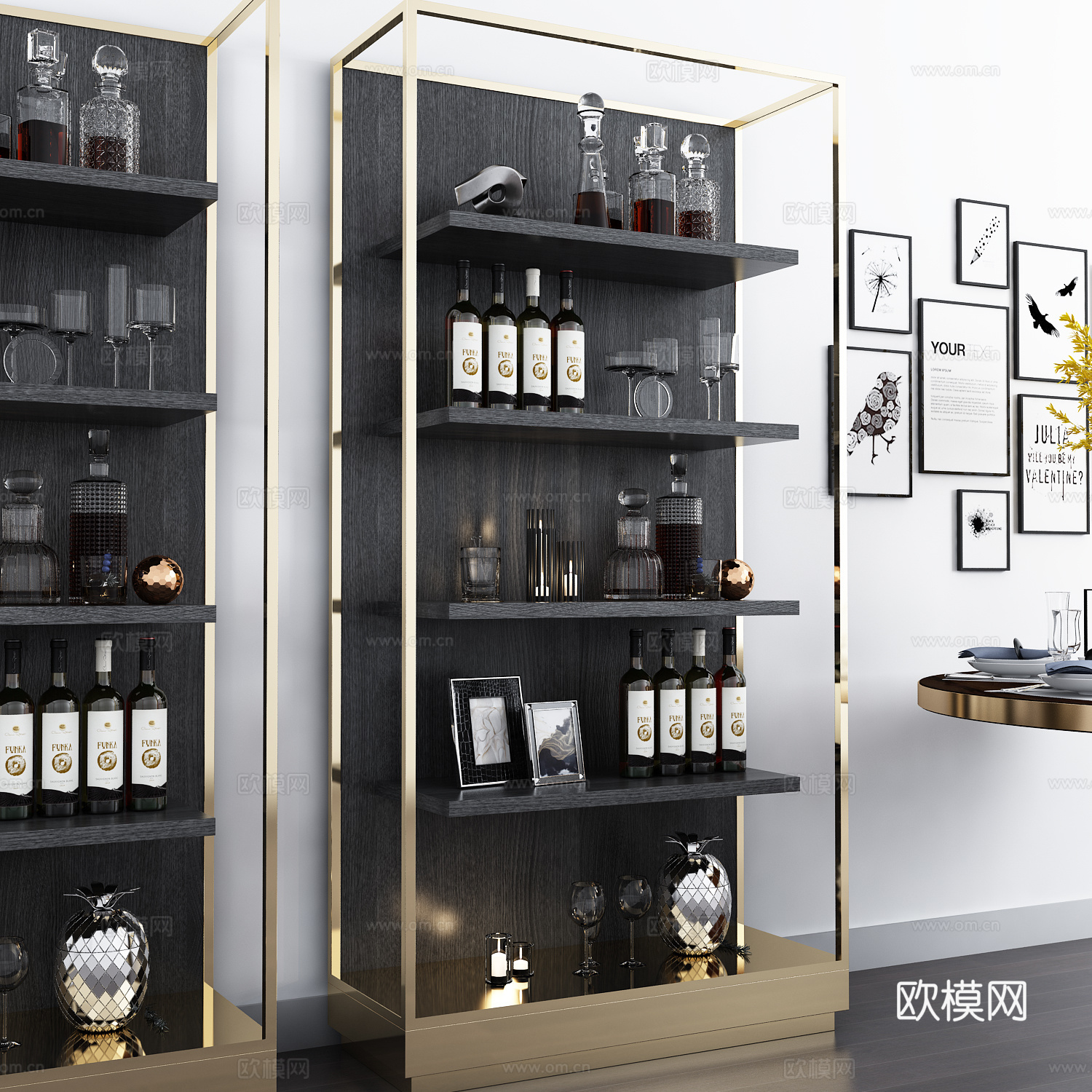 新中式酒柜 餐边柜 酒瓶 酒杯 饰品模型3d模型