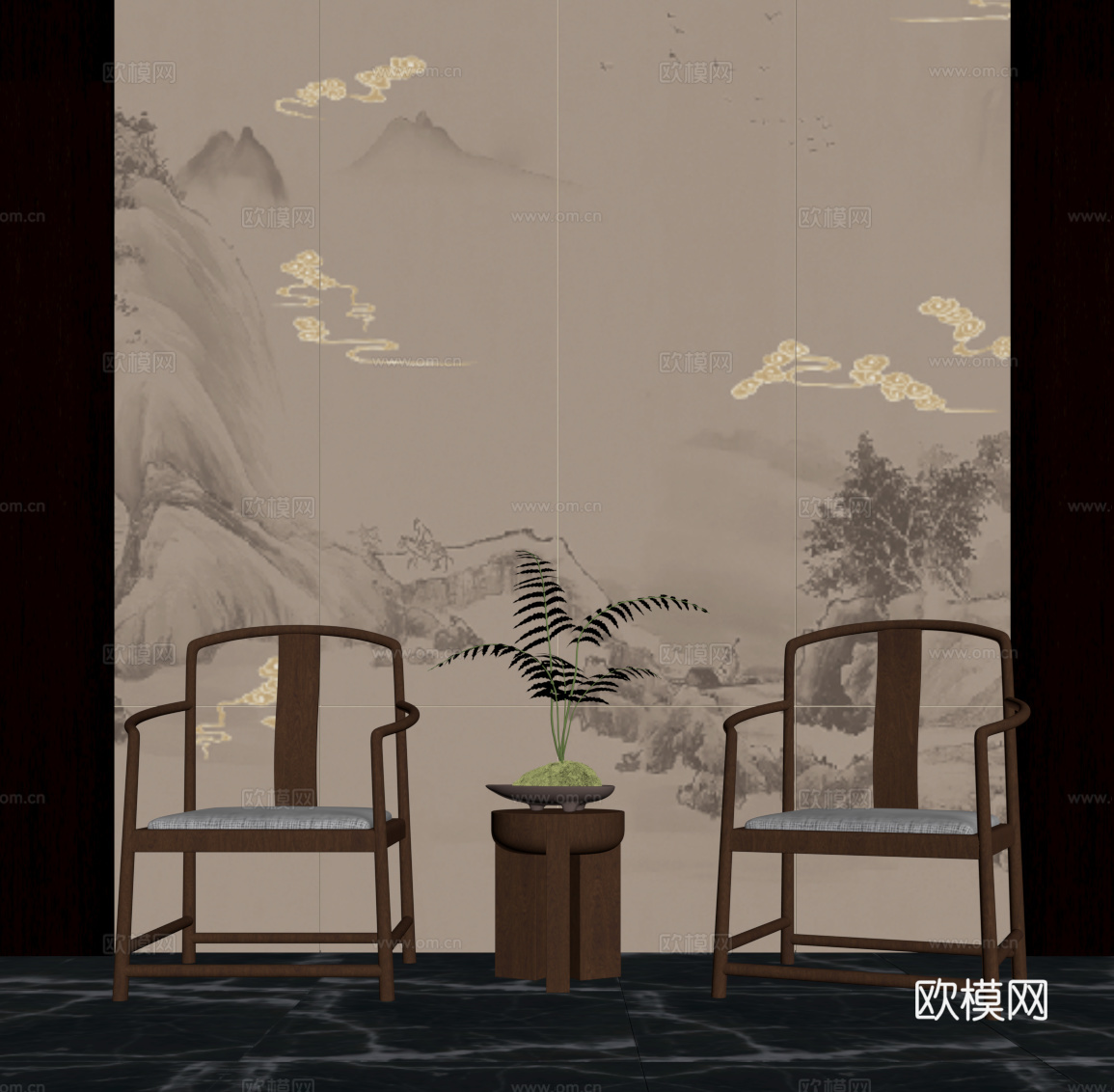 新中式休闲椅 实木单椅 边几su模型