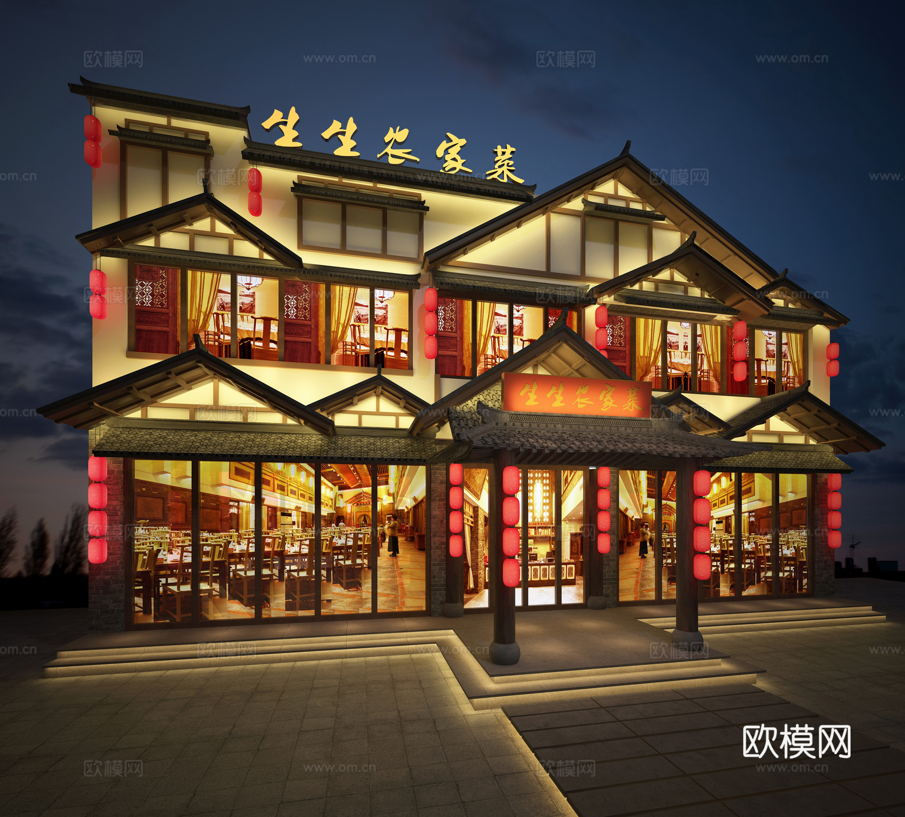 中式门楼 门店 门面 门头 屋檐 瓦顶灯笼建筑3d模型