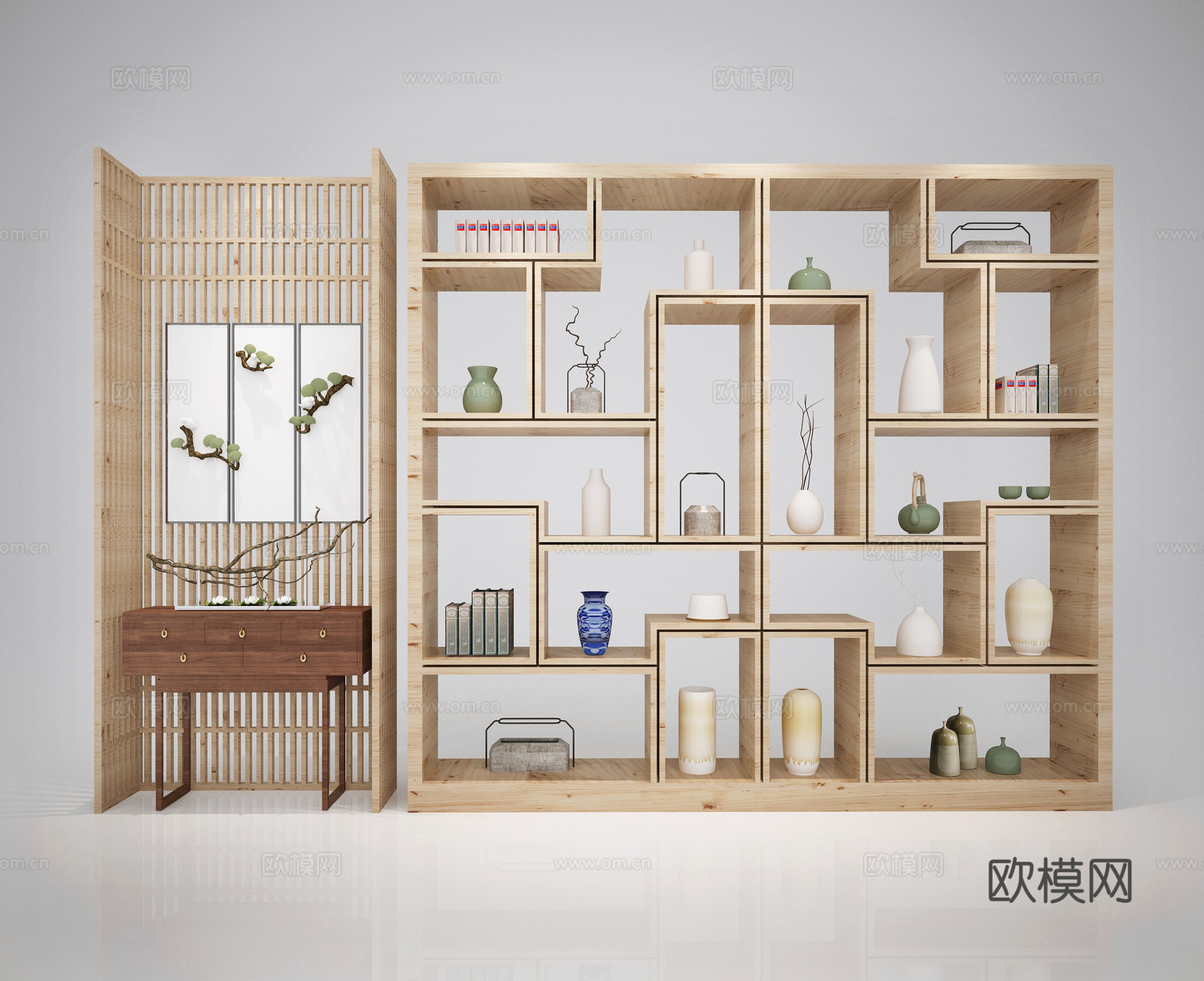 中式禅意装饰柜 书架 博古架 陈列柜 镂空屏风3d模型下载（渲染图2）