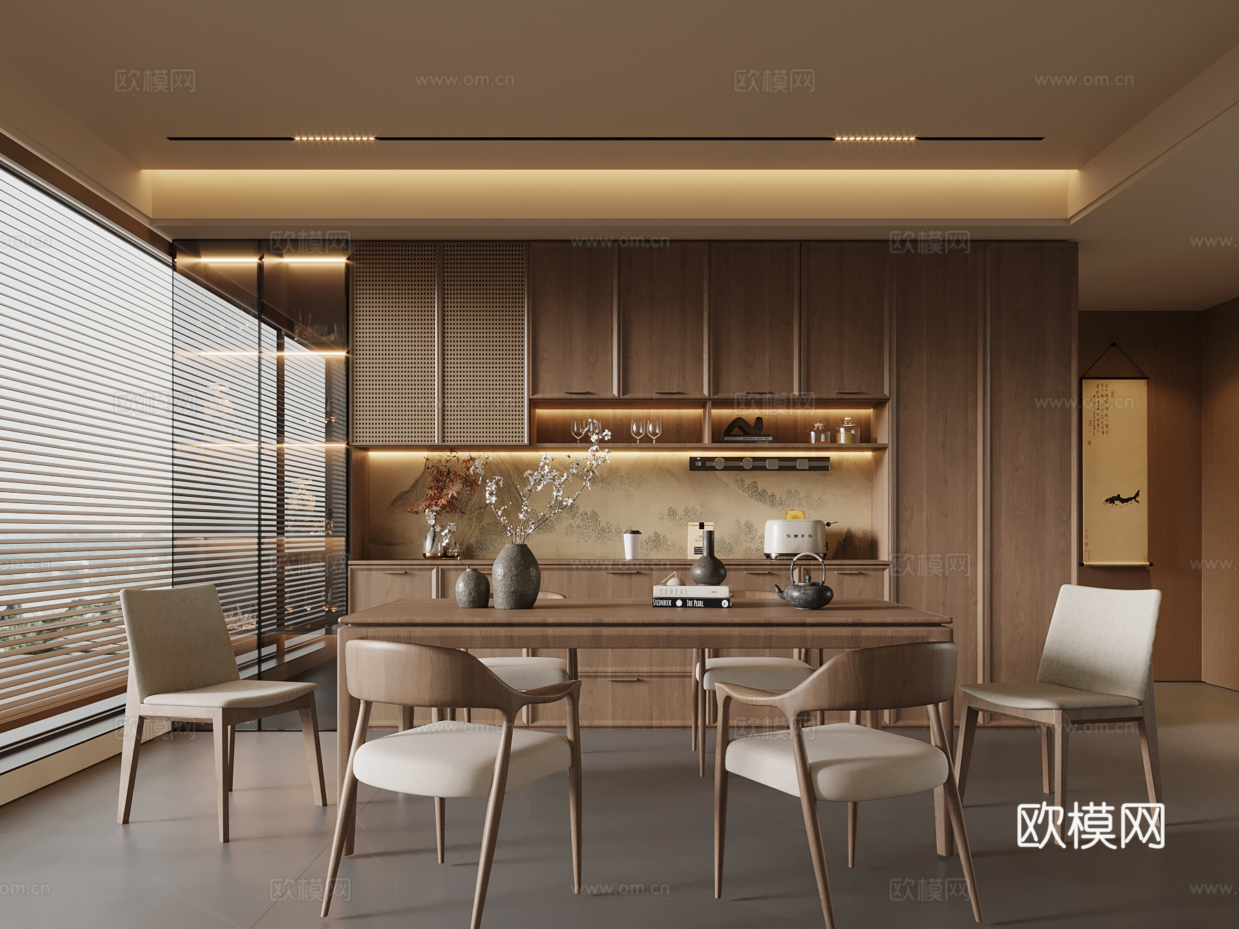 新中式餐厅 宋式风餐厅 酒柜 餐边柜 餐桌椅3d模型下载