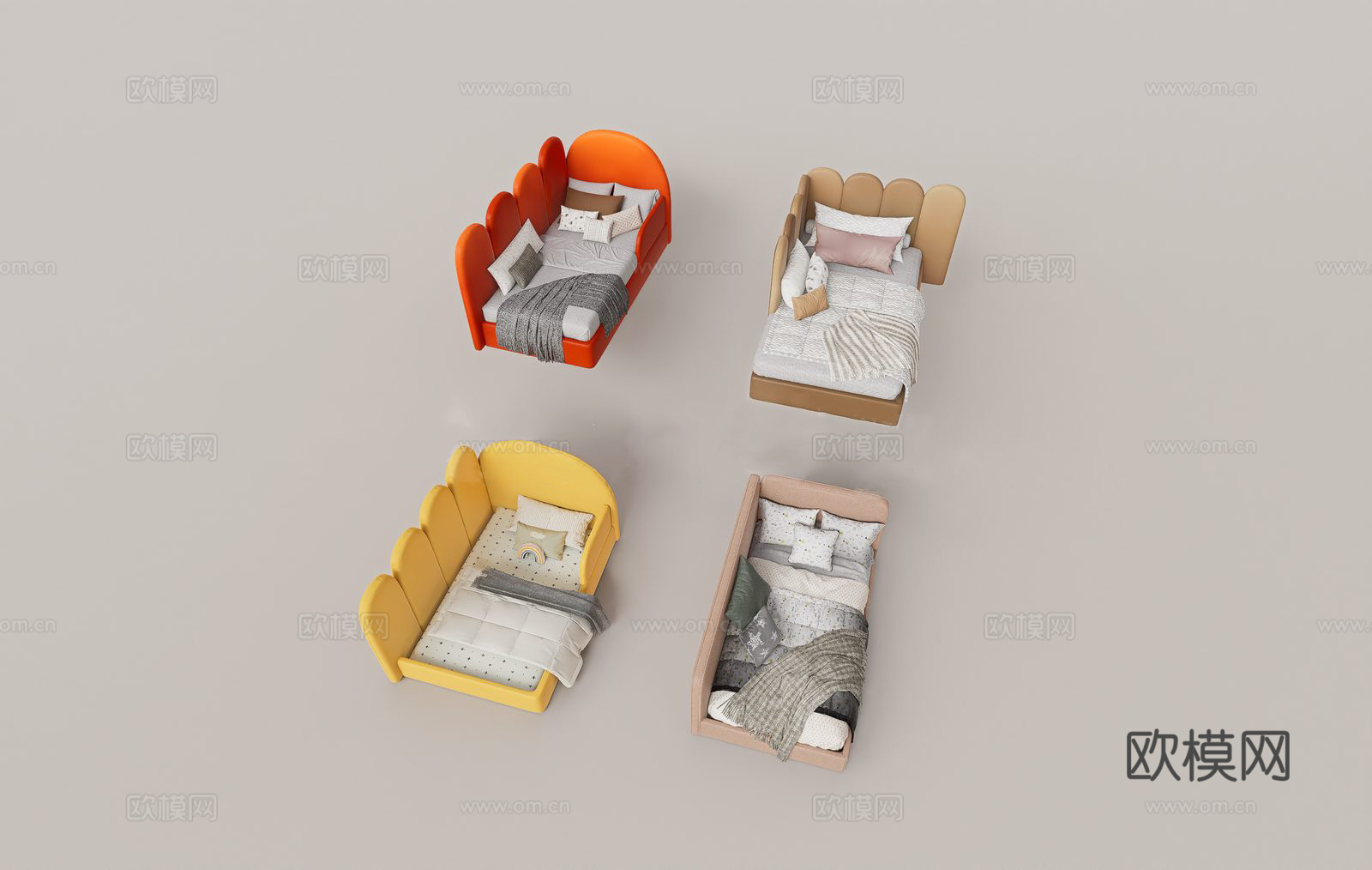 现代花瓣床头床具 儿童床 模块化设计 柔瓣曲线造型 素色床品su模型