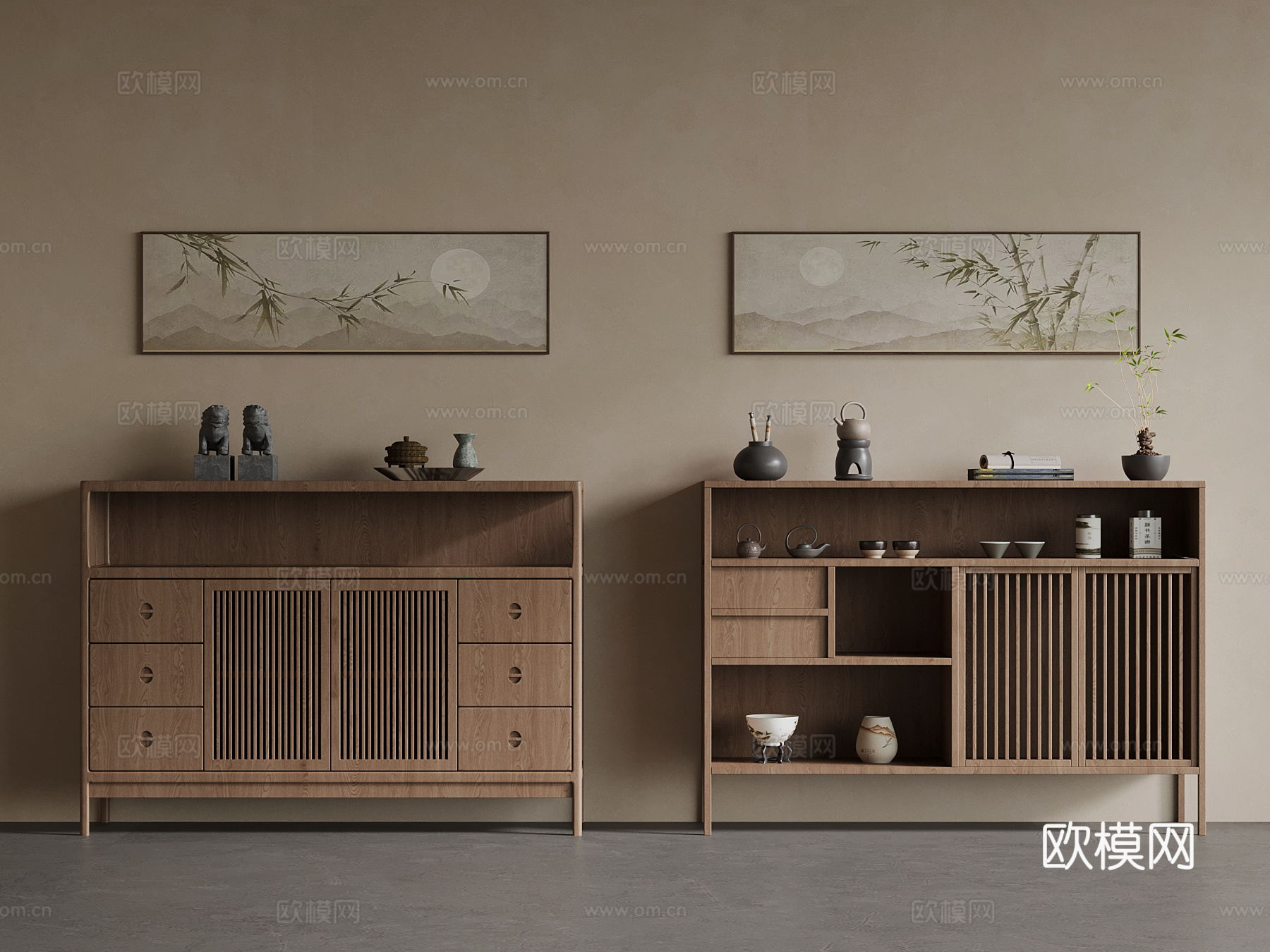 新中式茶柜 装饰画su模型