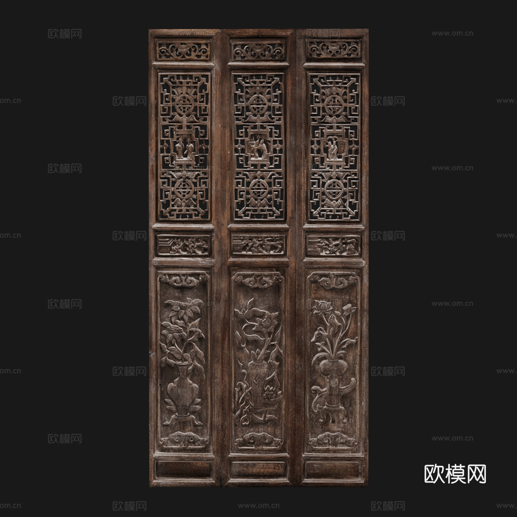 中式门板中式雕花雕刻造型木墙板中式窗花3d模型