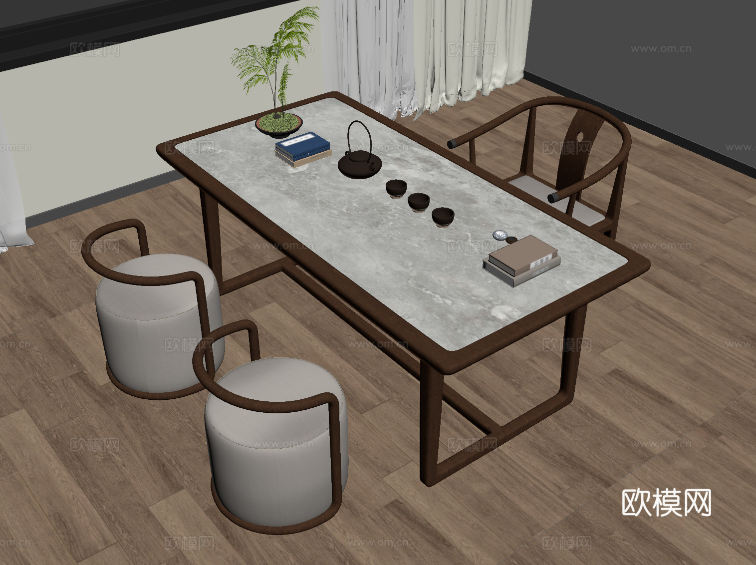 新中式茶桌椅 茶台 茶具su模型
