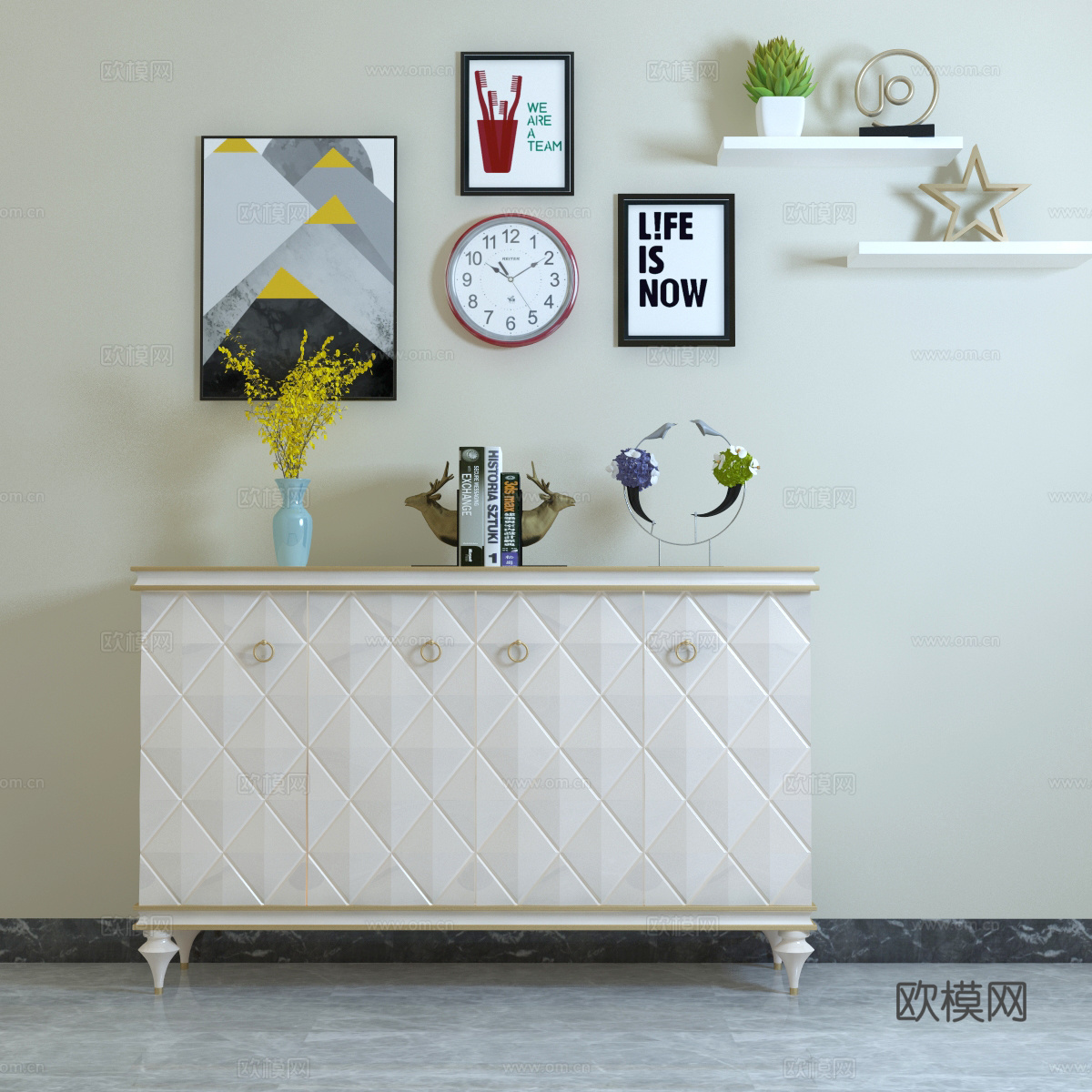 简欧边柜 玄关柜 装饰柜 花瓶花卉 装饰品 挂画3d模型