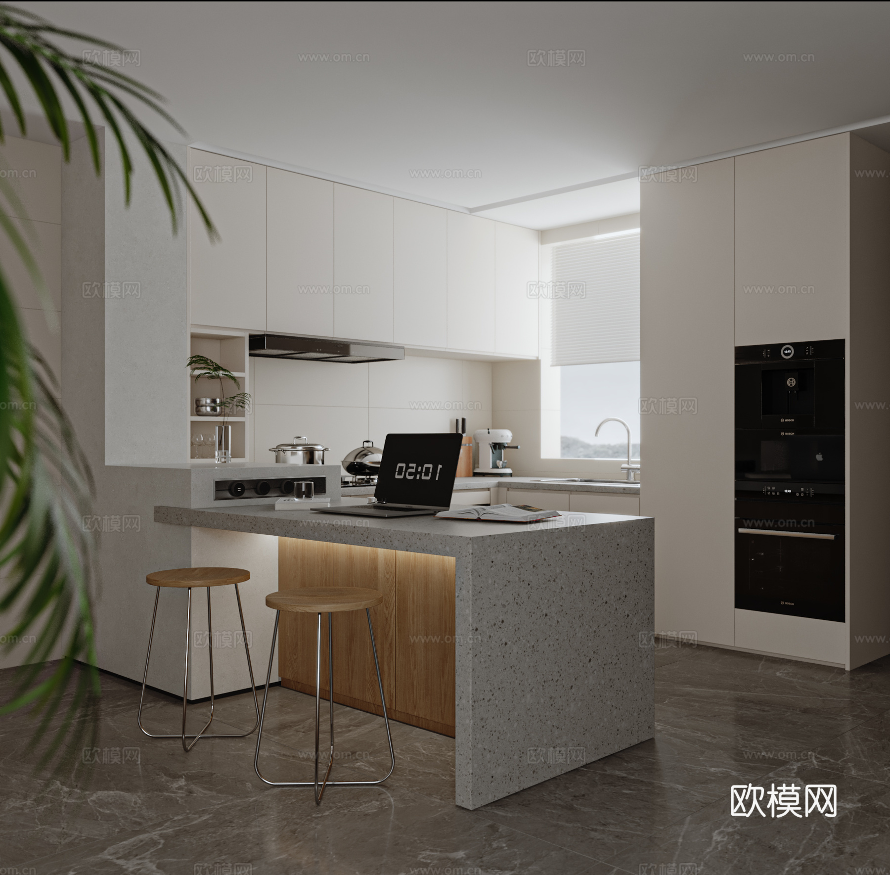 奶油风厨房  奶油风吧台  中岛台3d模型