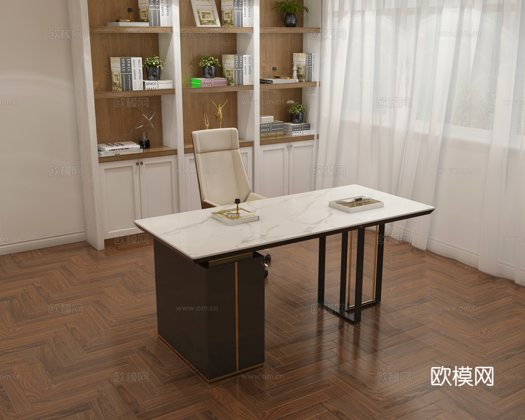 现代书房 书屋买家秀 白色大理石书桌椅子3d模型