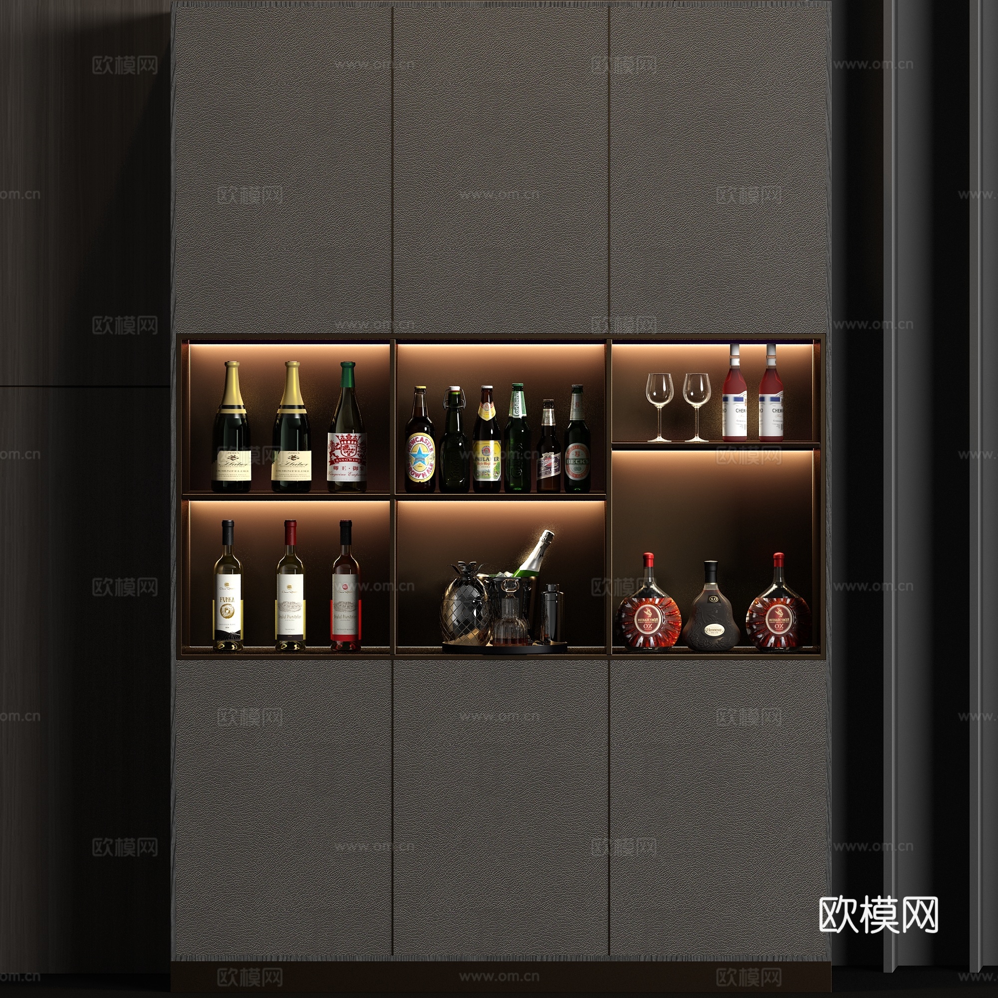 现代皮革酒柜酒瓶饰品组合3d模型