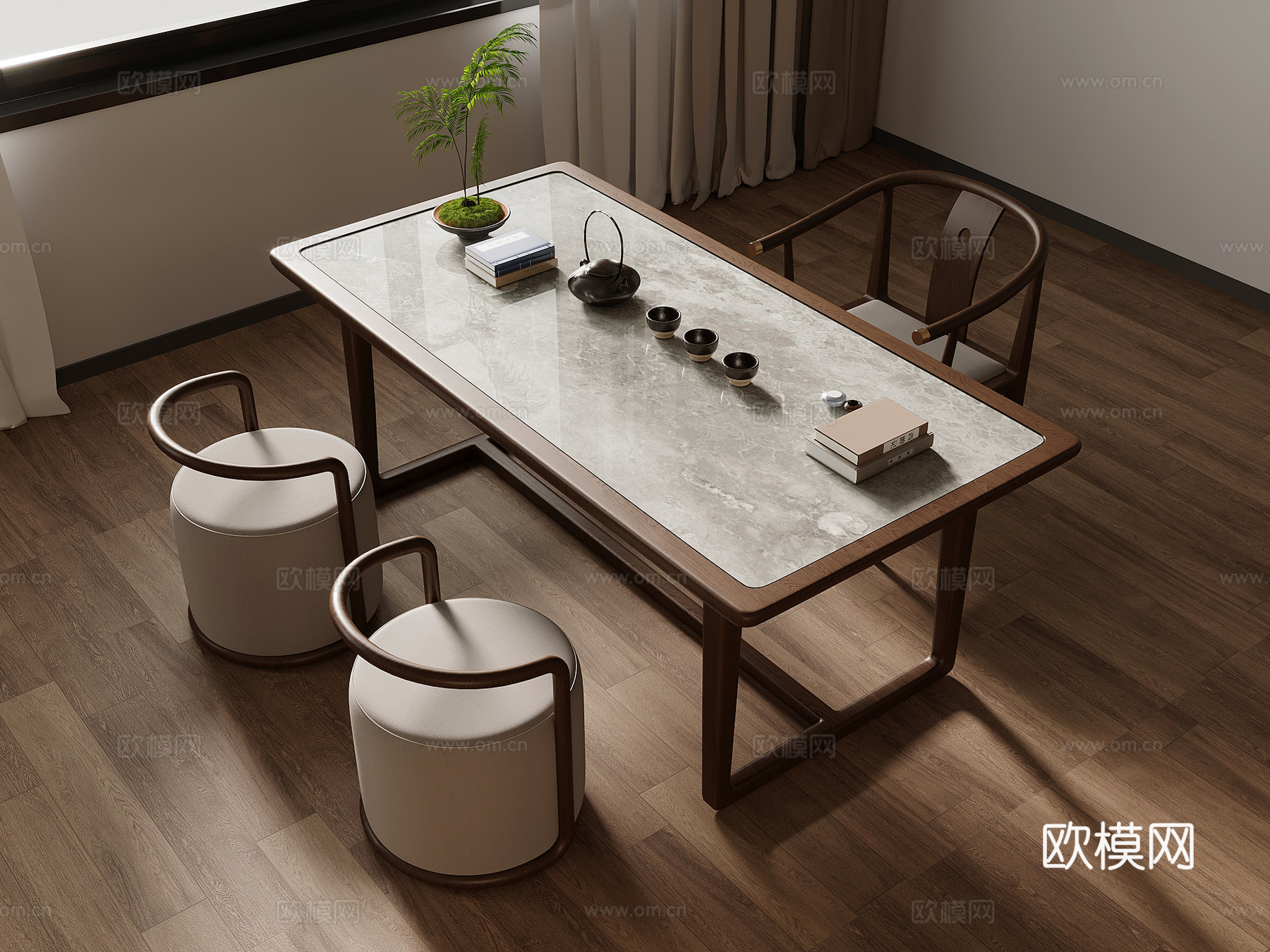 新中式茶桌椅 茶台 茶具su模型