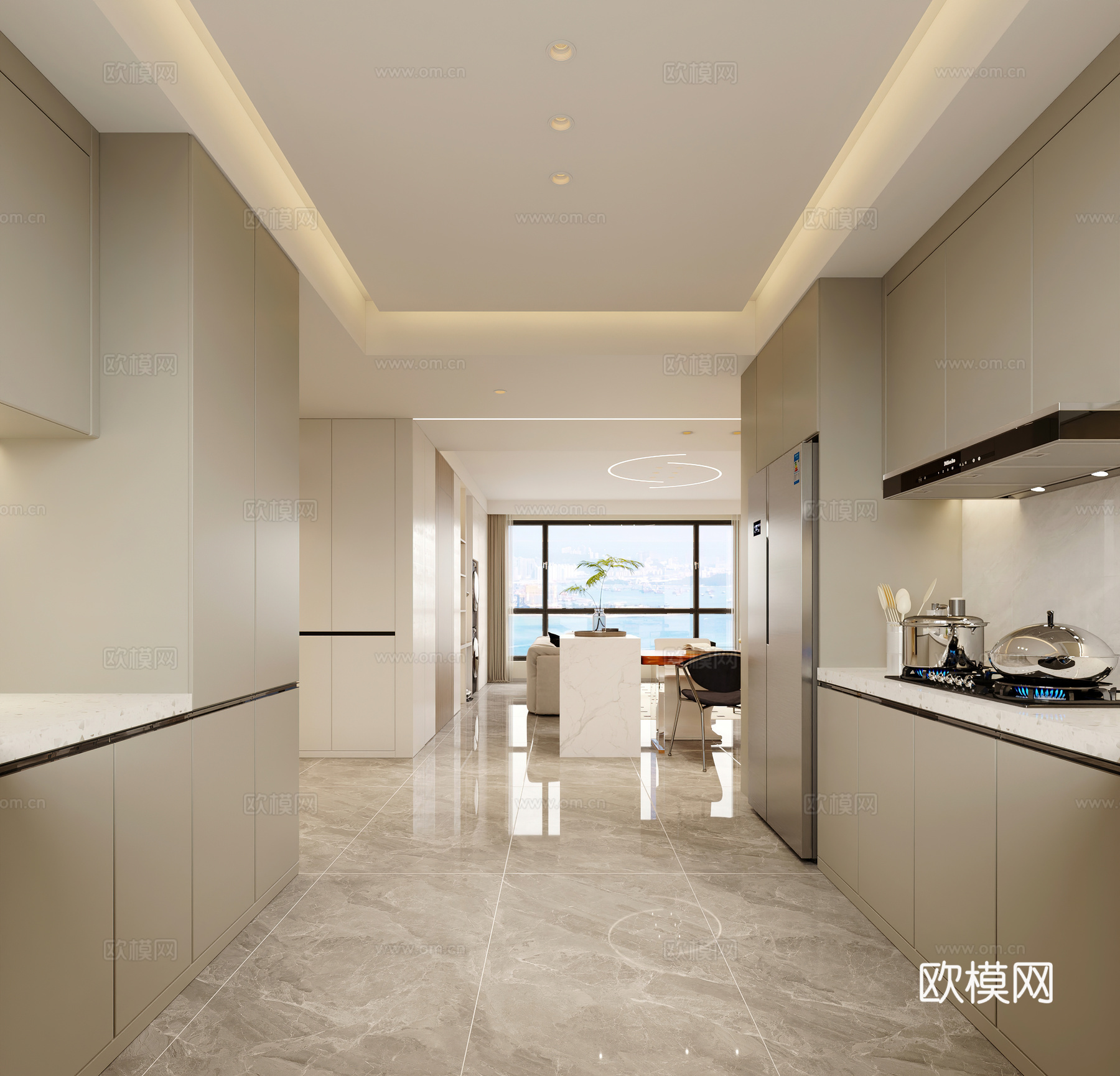 奶油风客餐厅 开放厨房3d模型