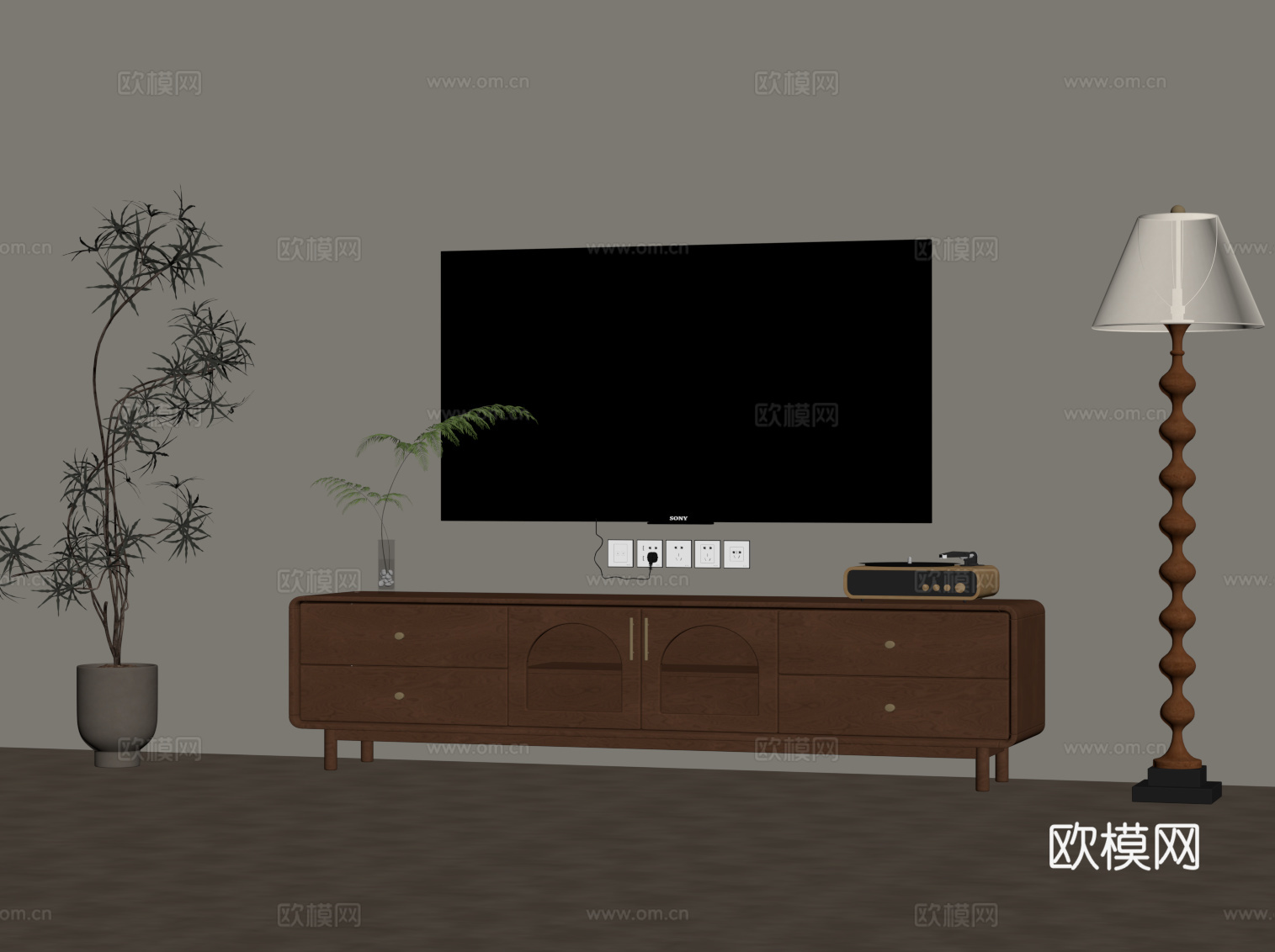 中古风电视柜 落地灯 绿植盆栽su模型
