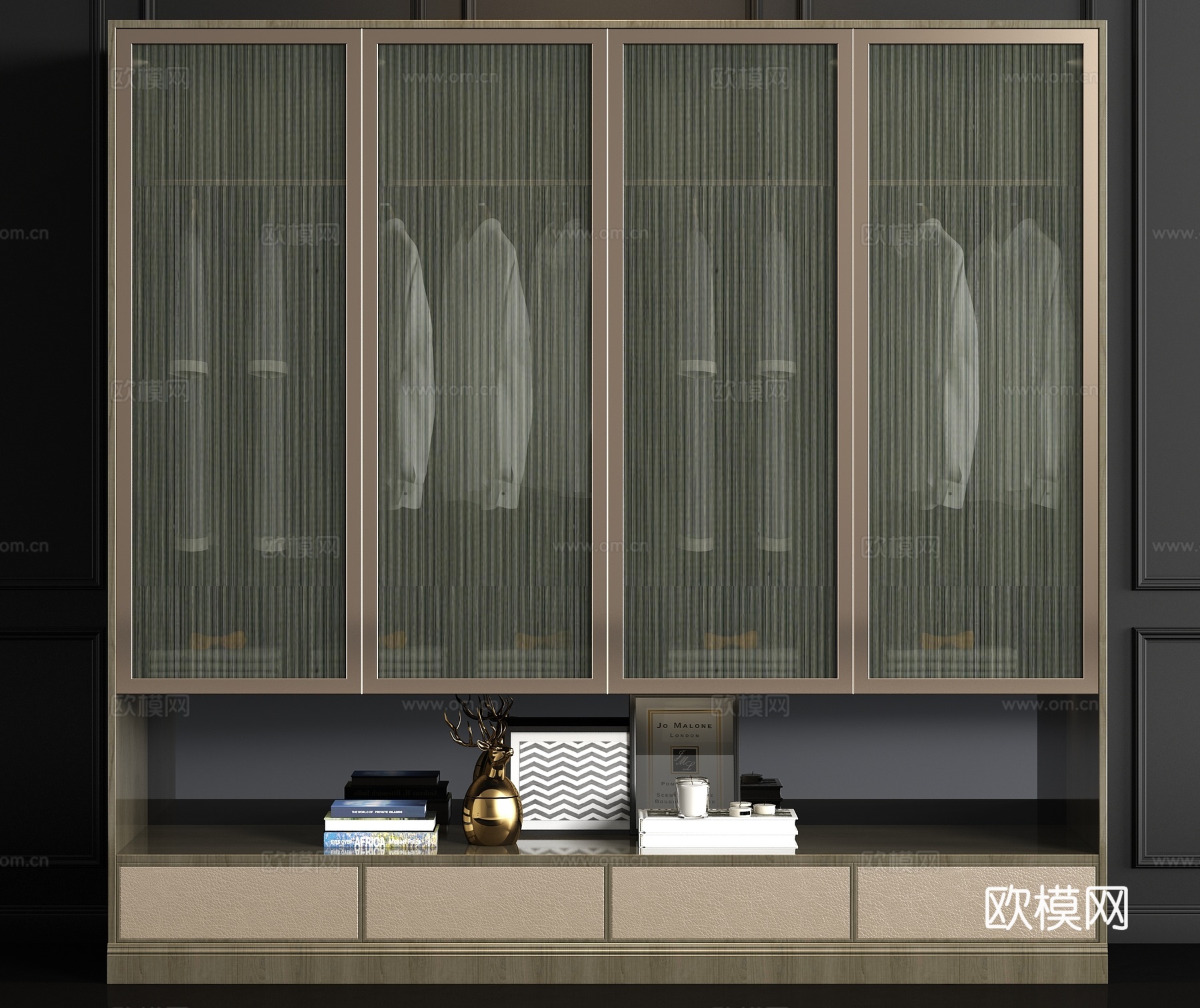 新中式实木玻璃衣柜衣服饰品组合3d模型