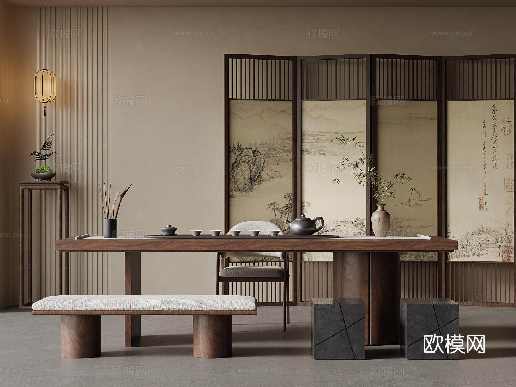 新中式茶桌椅su模型