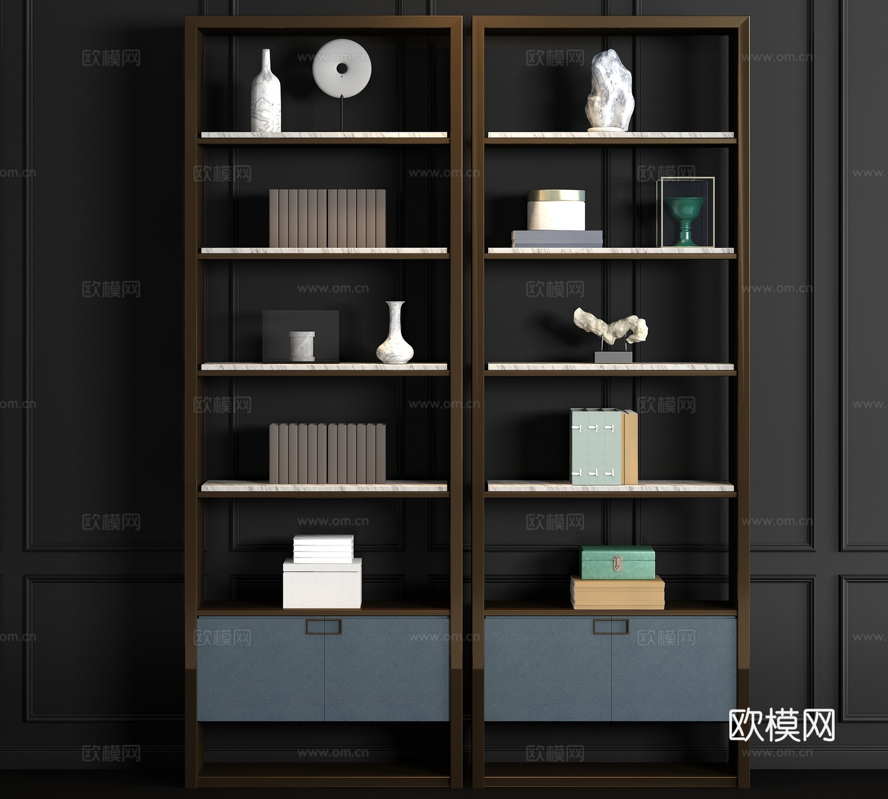 新中式金属皮革装饰架 书籍摆设饰品组合3d模型