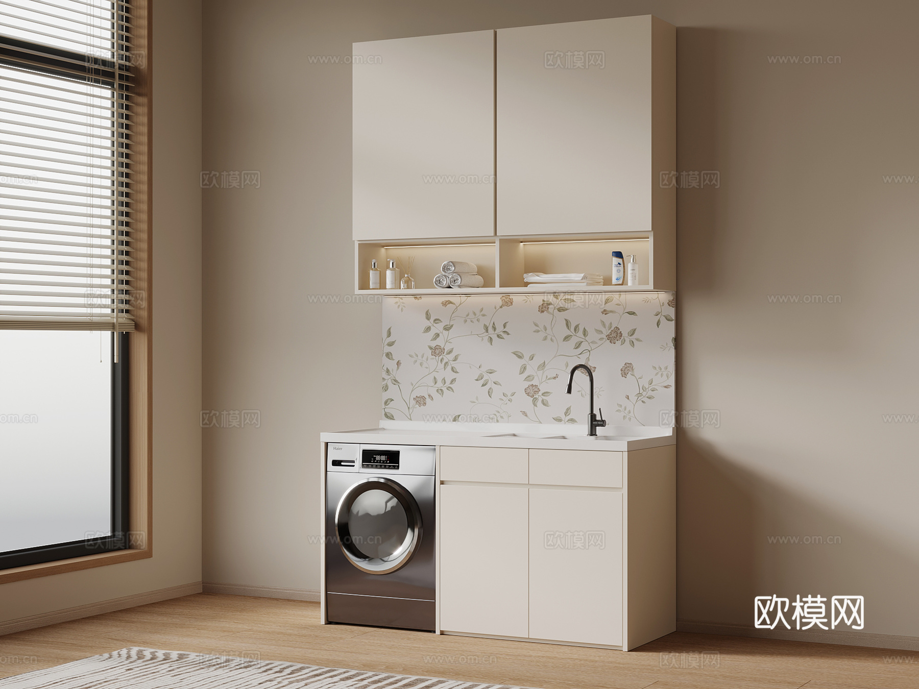 现代奶油风洗衣机柜 阳台柜3d模型