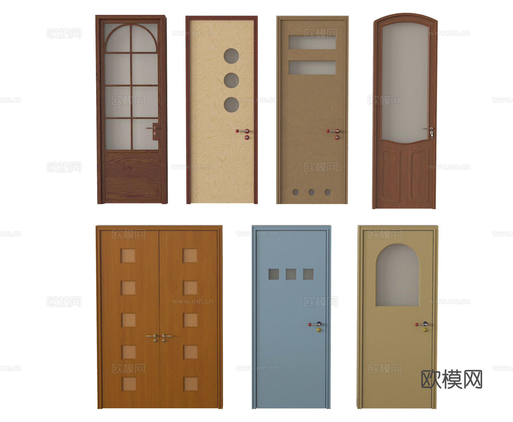 中古实木门 单开门 双开门 卧室门 玻璃门3d模型