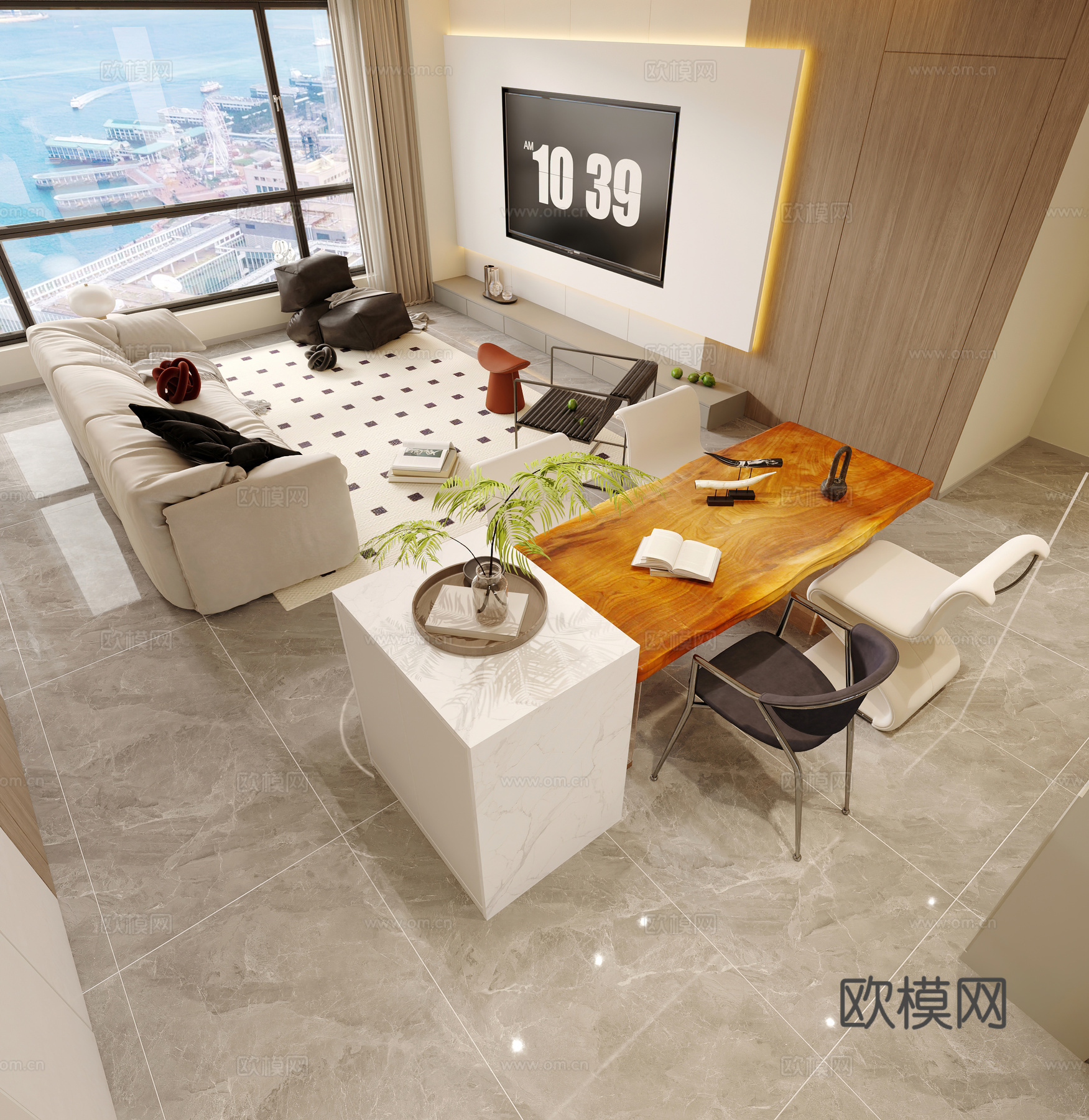 奶油风客餐厅 开放厨房3d模型