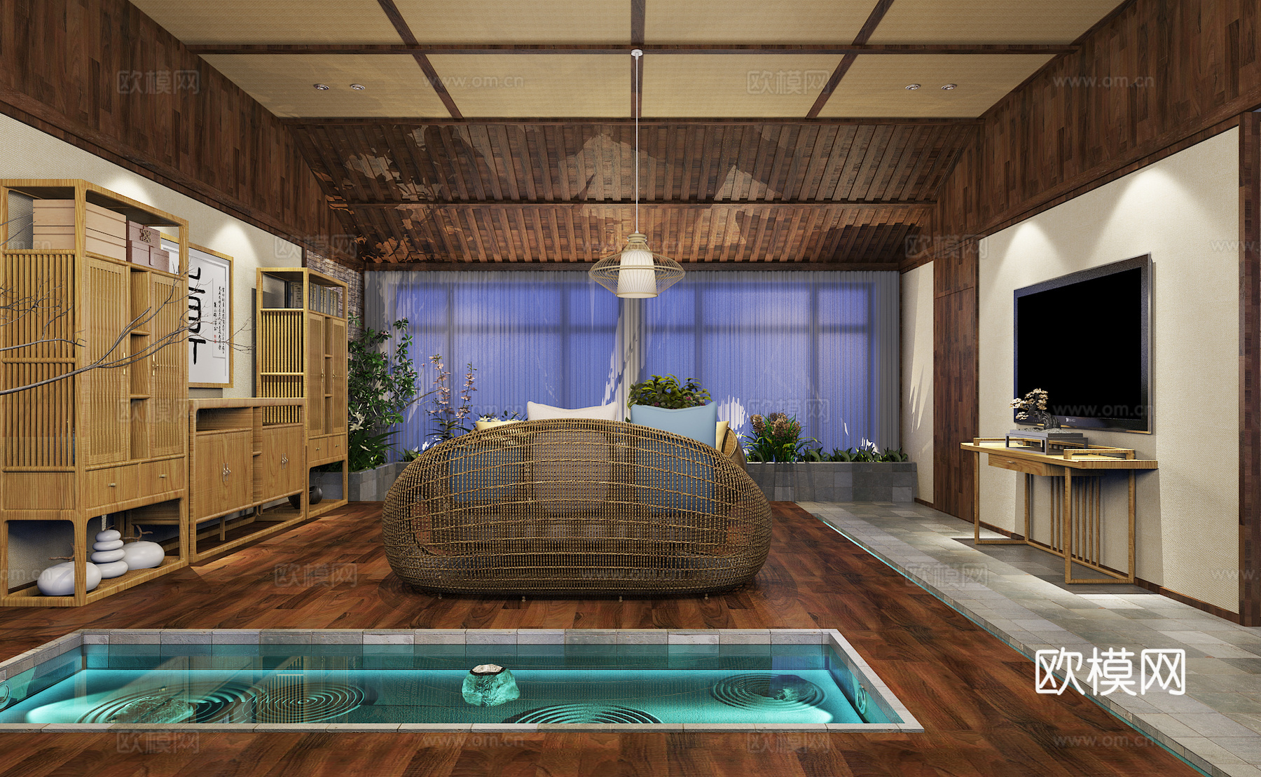 楼顶花园 阳光房 藤椅 绿植 水景3d模型
