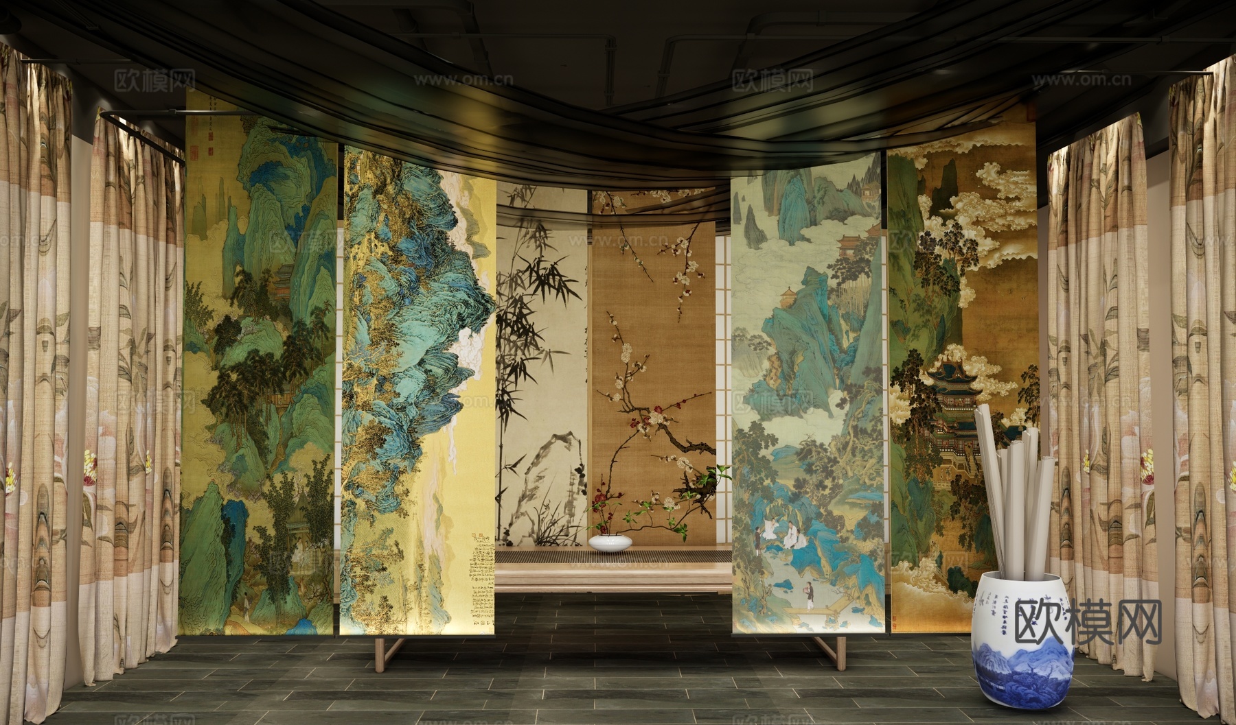 中式书画展览馆 艺术字画美陈 竖形挂画 纱幔 画室 字画展厅su模型下载（渲染图1）