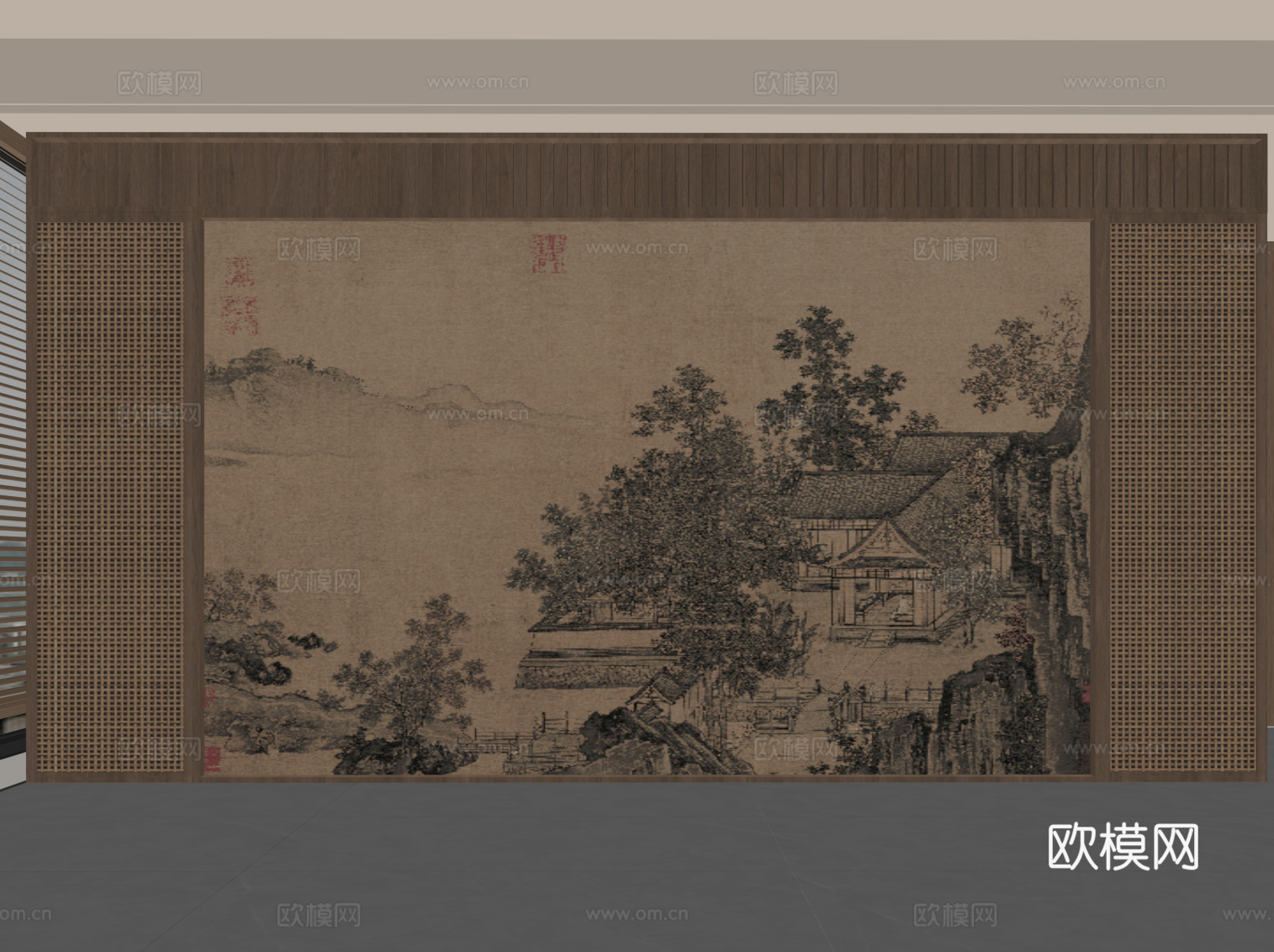 新中式背景墙 宋氏风背景墙su模型