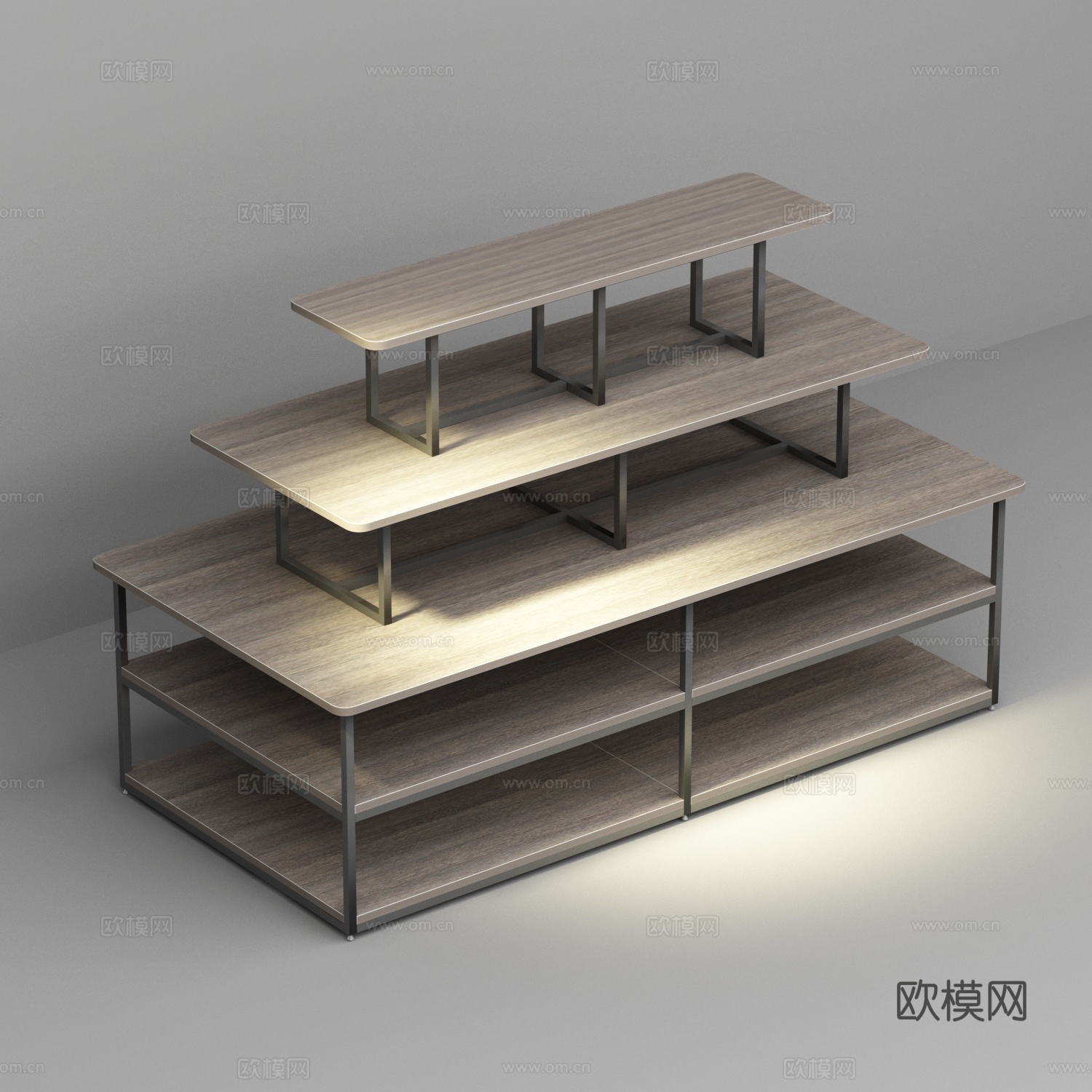 超市三层钢木展示台3d模型