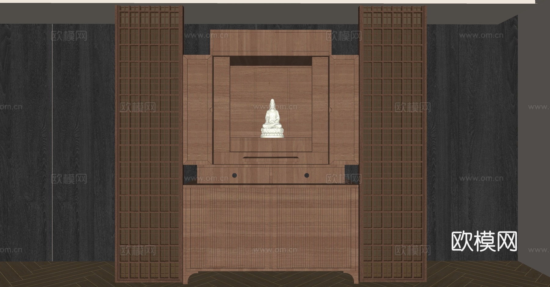 新中式佛龛 禅意佛龛 白玉佛像 观音像 实木佛龛 中式佛堂su模型
