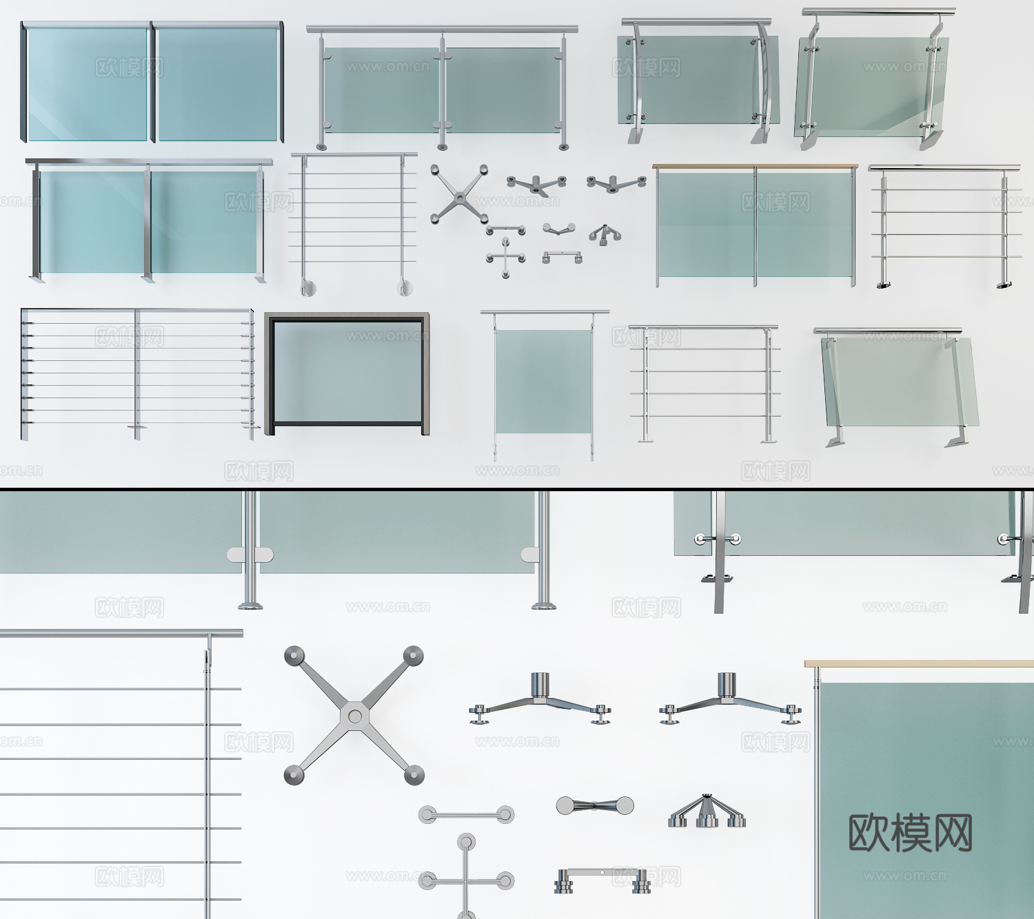 现代栏杆 玻璃栏杆 不锈钢扶手  玻璃护栏  爪手 玻璃3d模型