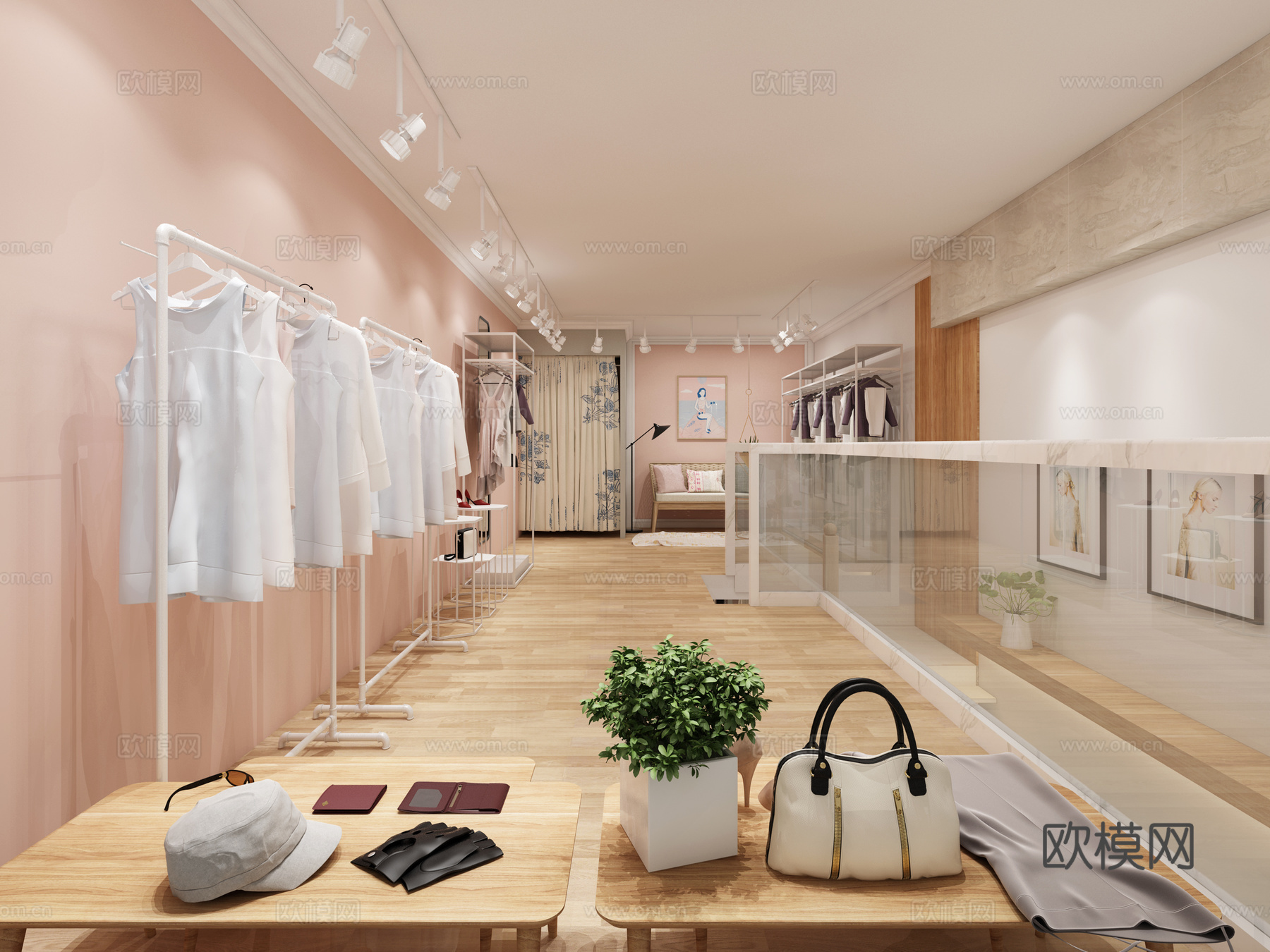 现代服装店 衣服 包包 鞋子 展示架 门头 射灯 摆件3d模型