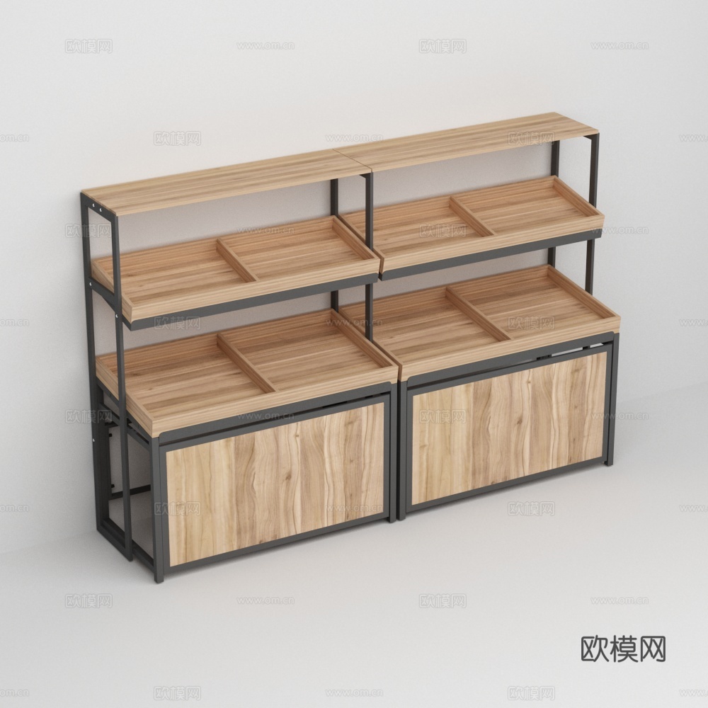 水果店靠墙三层钢木货架3d模型