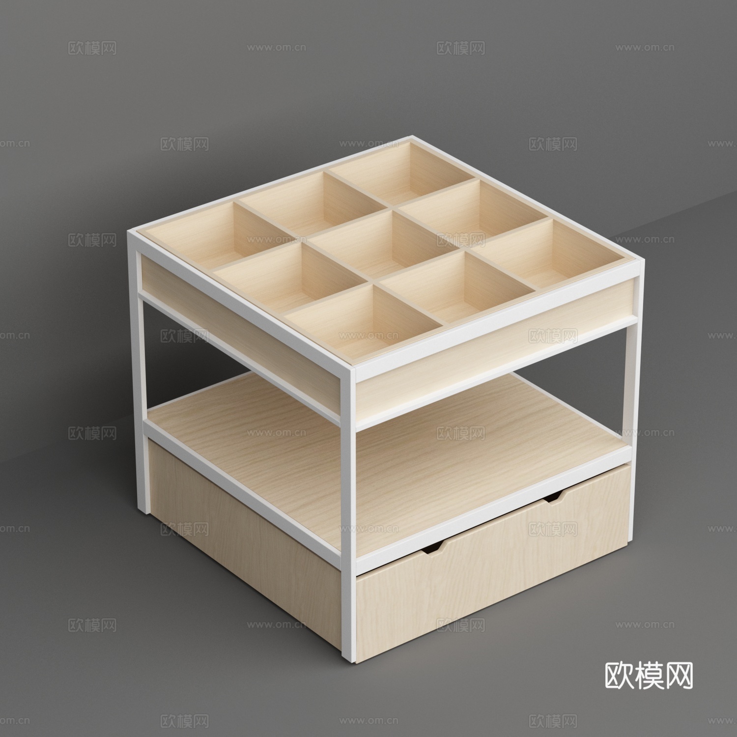 9宫格钢木结构超市便利店促销展示货架3d模型