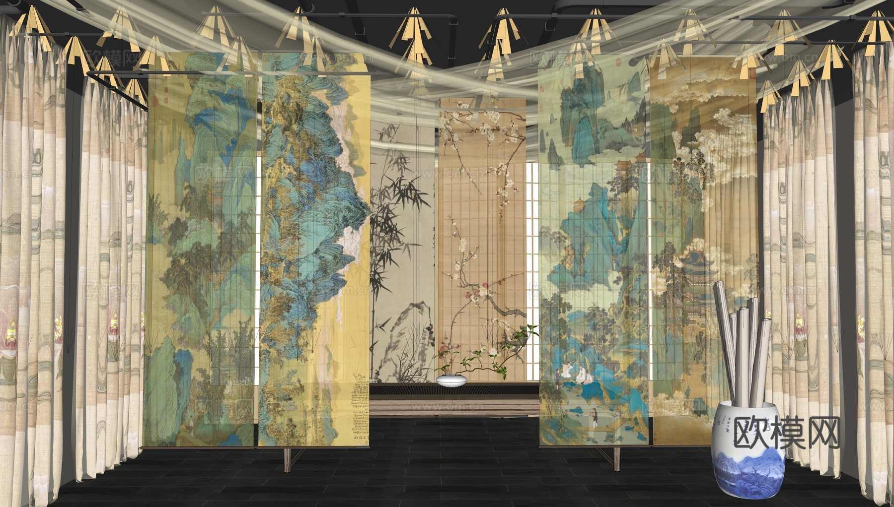 中式书画展览馆 艺术字画美陈 竖形挂画 纱幔 画室 字画展厅su模型下载（渲染图4）