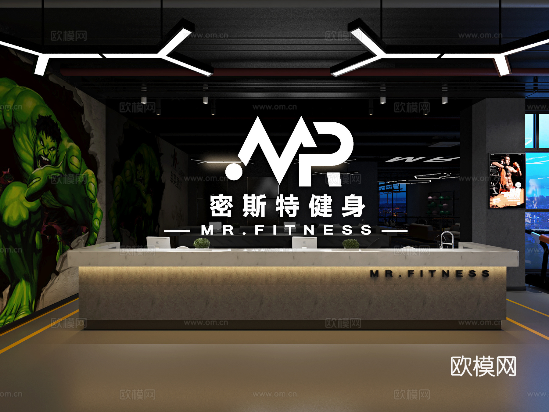 工业风健身房前台3d模型