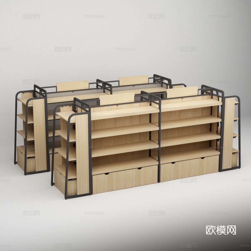 超市便利店钢木结构商品展示中岛货架3d模型